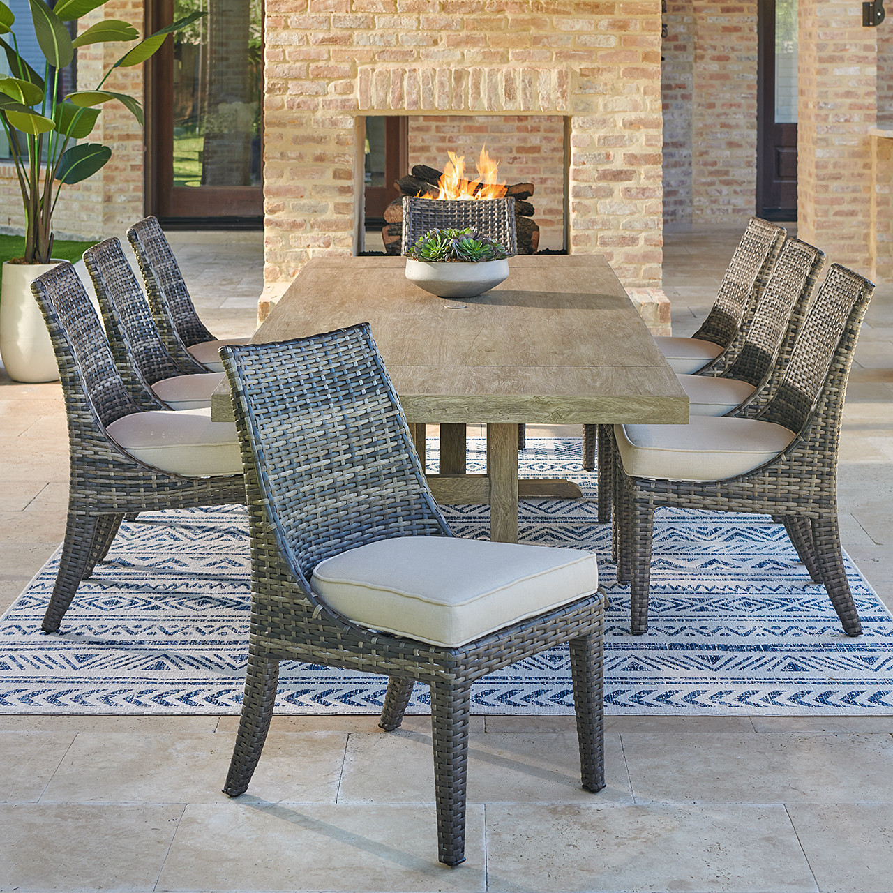 Tangiers Outdoor Wicker with Cushions 9 Piece Side Dining Set + 84-112 x 44 in. Extension Table