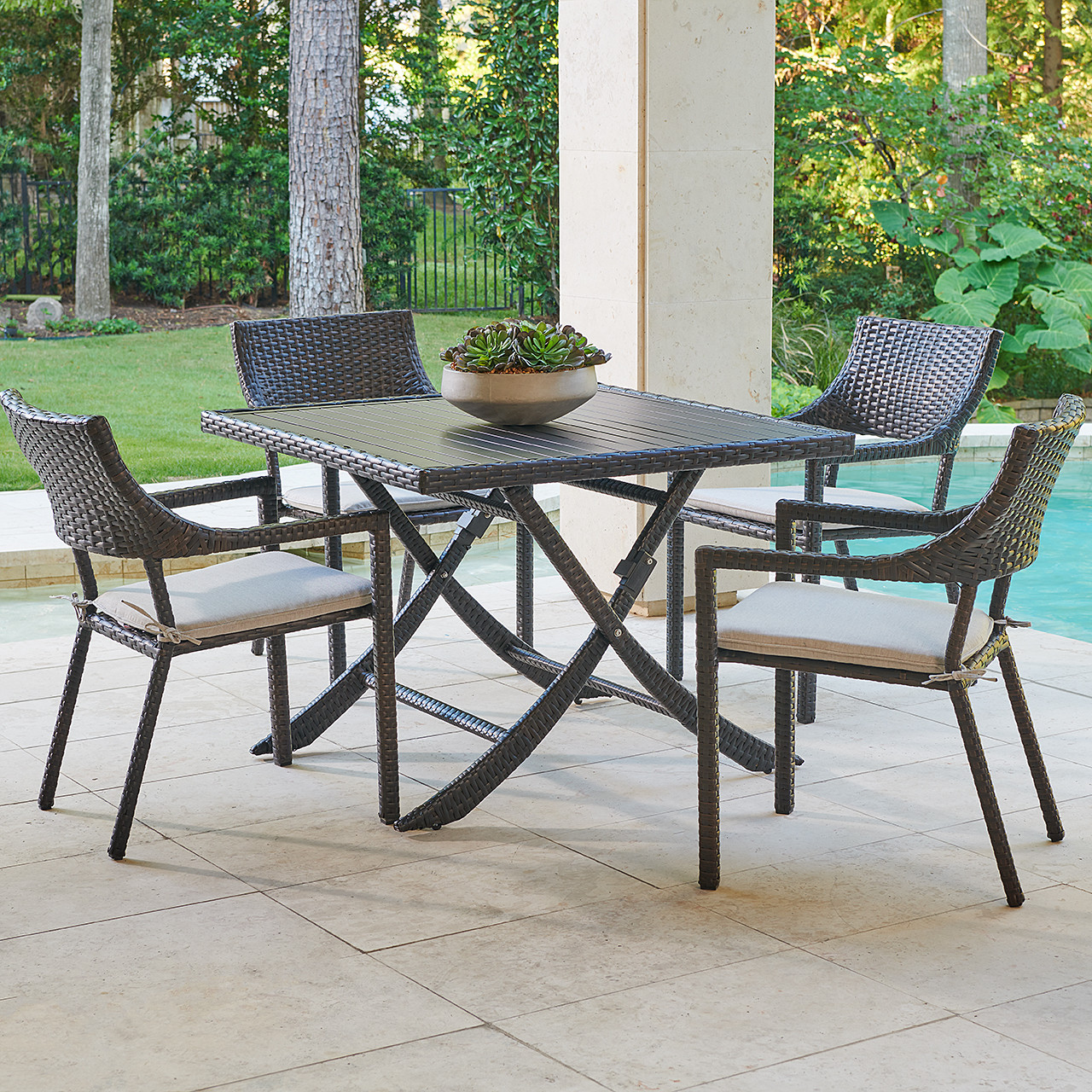 Terrace Dark Elm Outdoor Wicker with Cushions 5 Pc. Dining Set + 41 in. Sq. Table