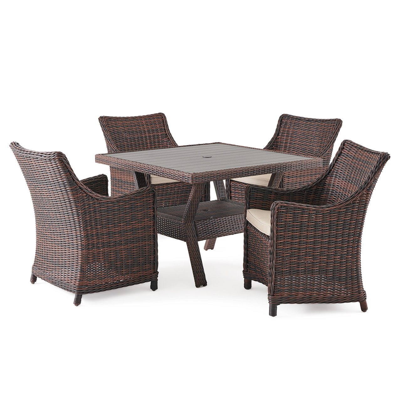 Biscayne Sangria Outdoor Wicker with Cushions 5 PieceDining Set + 42 in. Sq. Dining Table