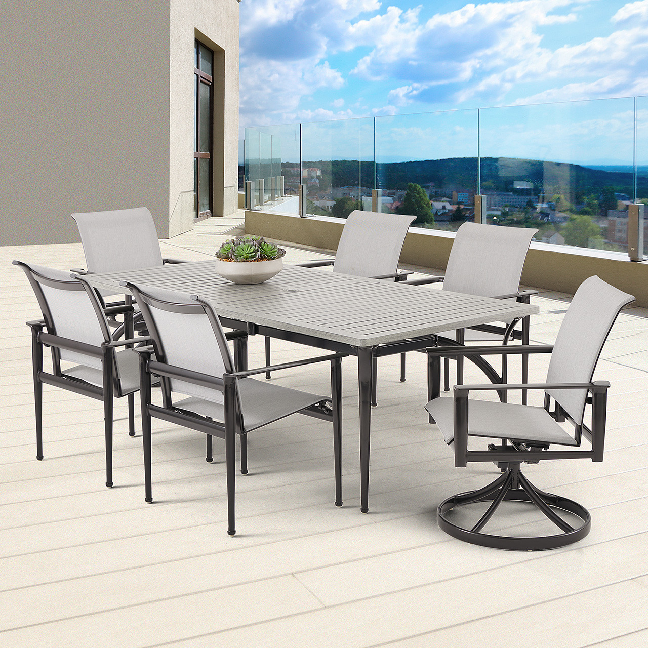 Metro Meteor Aluminum with Silver Sling 7 Piece Combo Dining Set + 84 x 42 in. Rect. Table