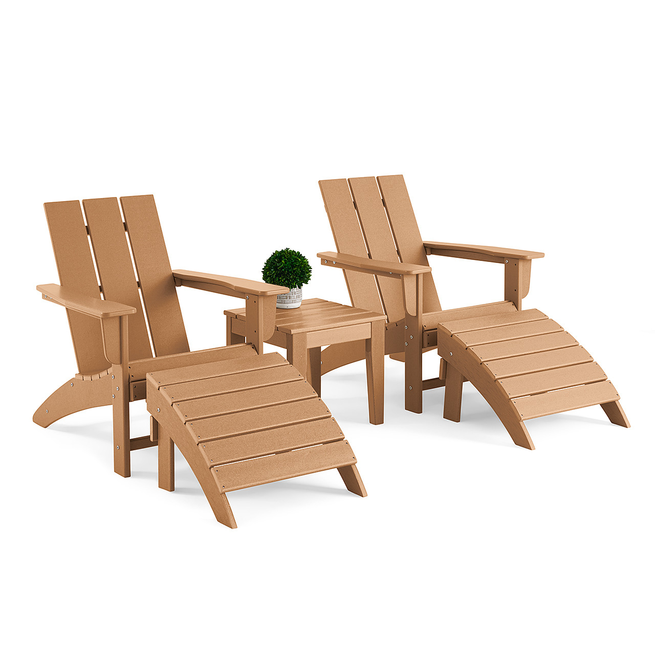 Modern 5 Piece Set Adirondack Chairs + Ottomans + 18 Sq. Side Table