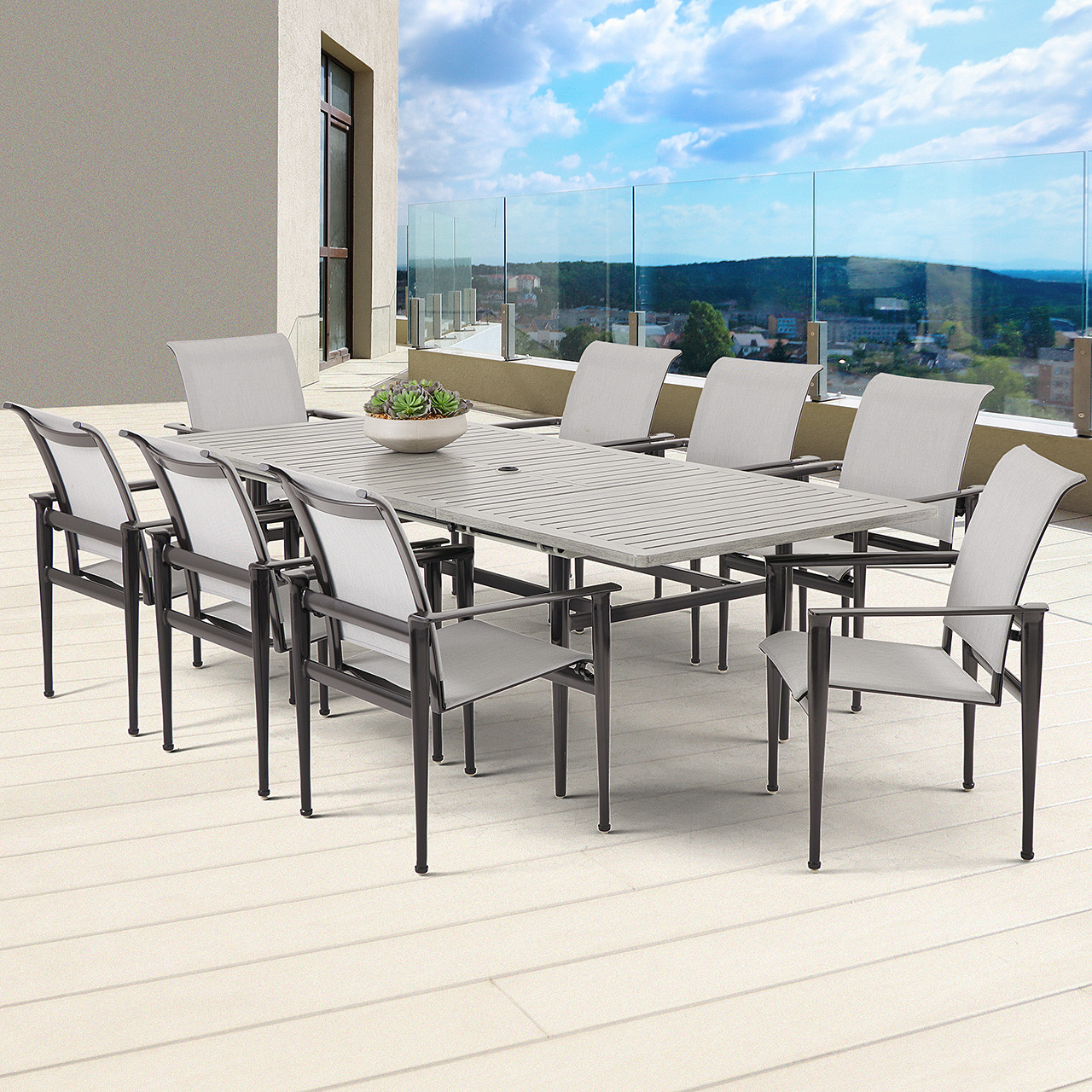 Metro Meteor Aluminum with Silver Sling 9 Piece Dining Set + 100-76 x 42 in. Rect. Extension Table