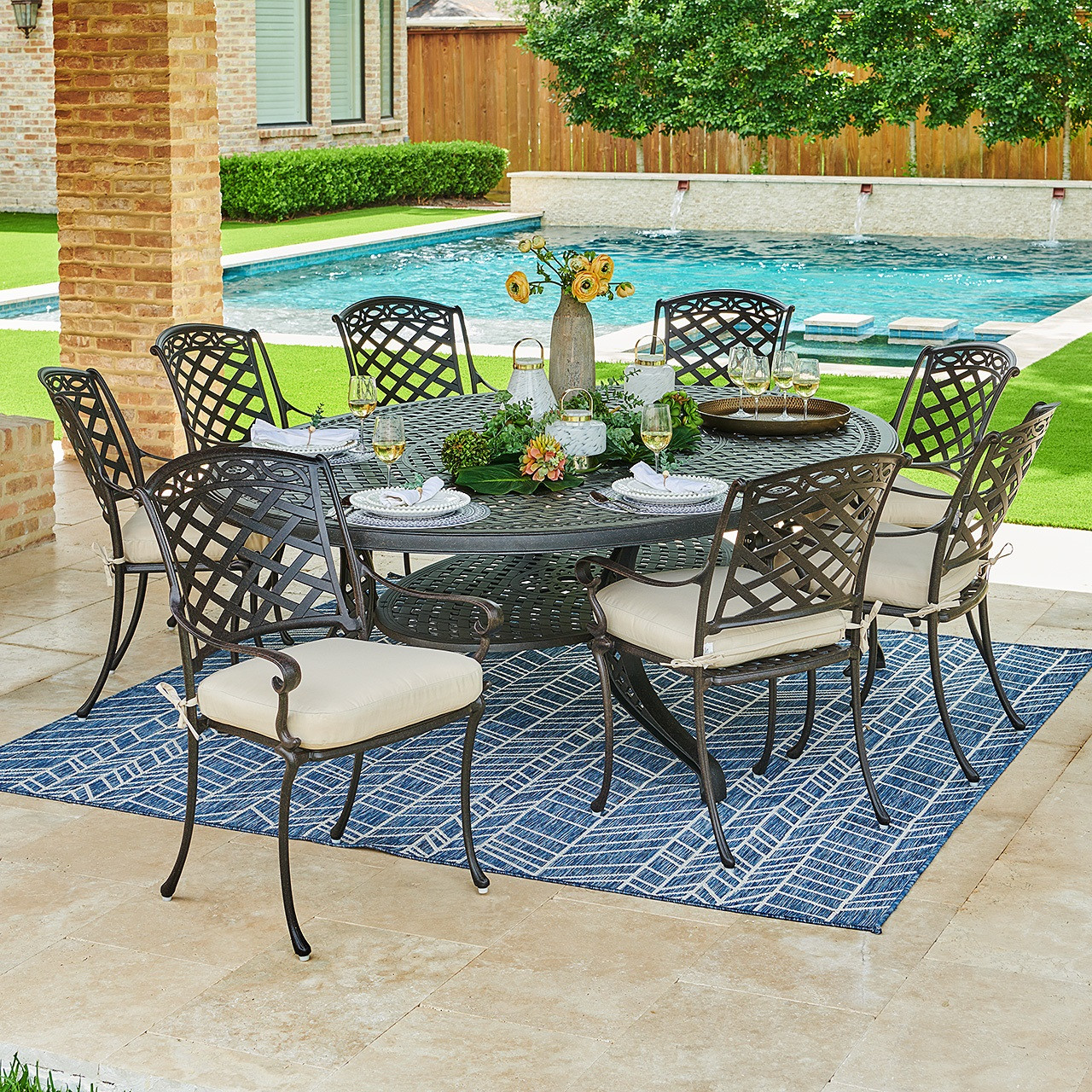 San Remo Aged Bronze Cast Aluminum with Cushions 9 Pc. Dining Set + 98 x 69  in. Table - Fortunoff Backyard Store