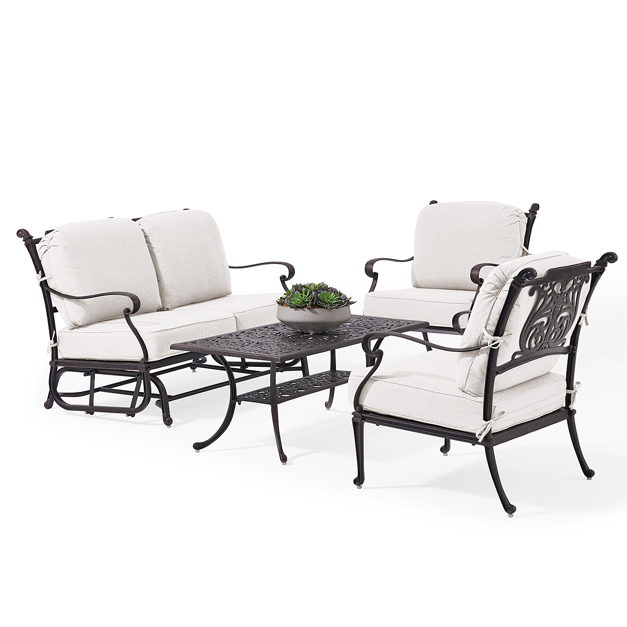 Naples Aged Bronze Cast Aluminum with Cushions 4 Piece Loveseat Glider Group + 45 x 24 in. Coffee Table