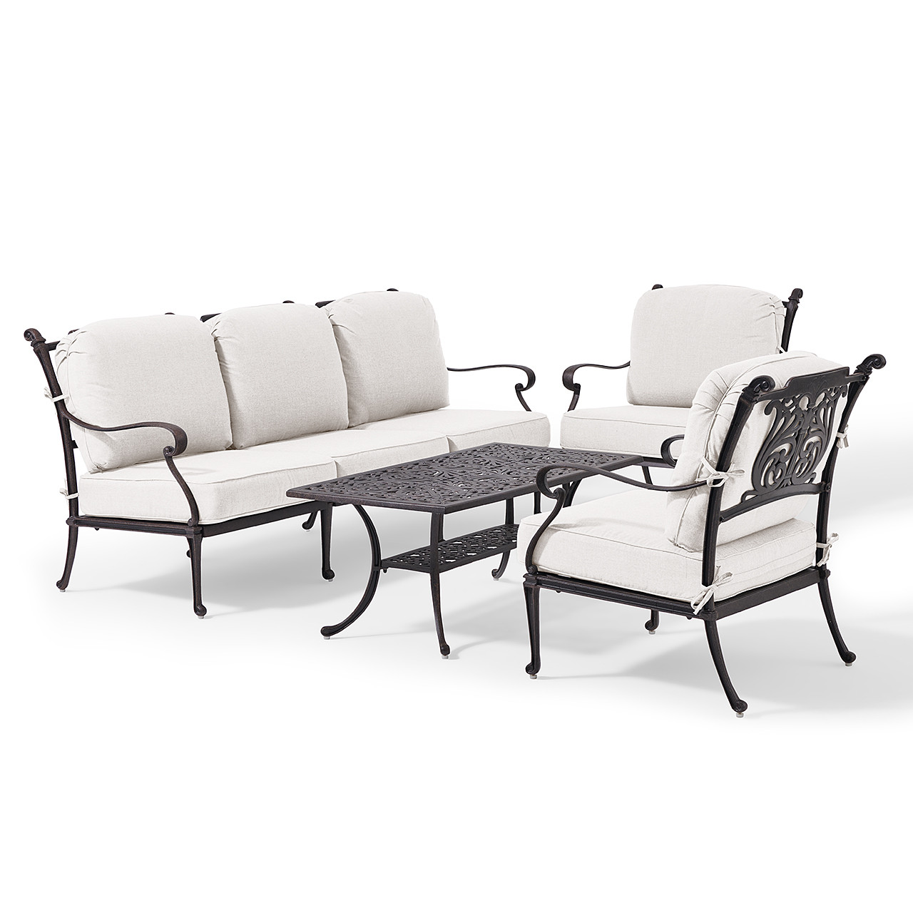 Naples Aged Bronze Cast Aluminum with Cushions 4 Pc. Sofa Group + Club Chairs + 45 x 24 in. Coffee Table
