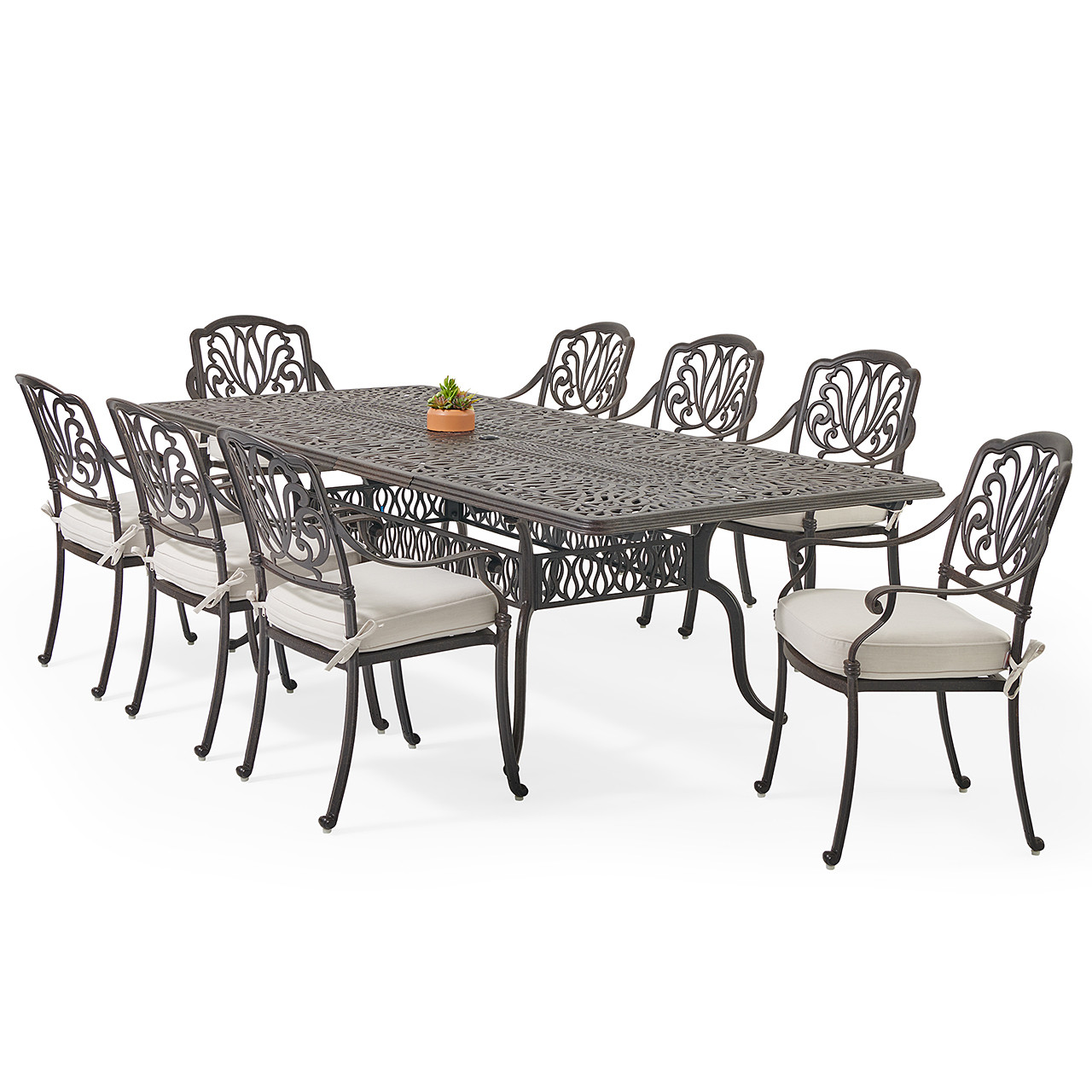 Cadiz Aged Bronze Cast Aluminum with Cushions 9 Pc. Dining Set + 71-103 x 44 in. Double Extension Table