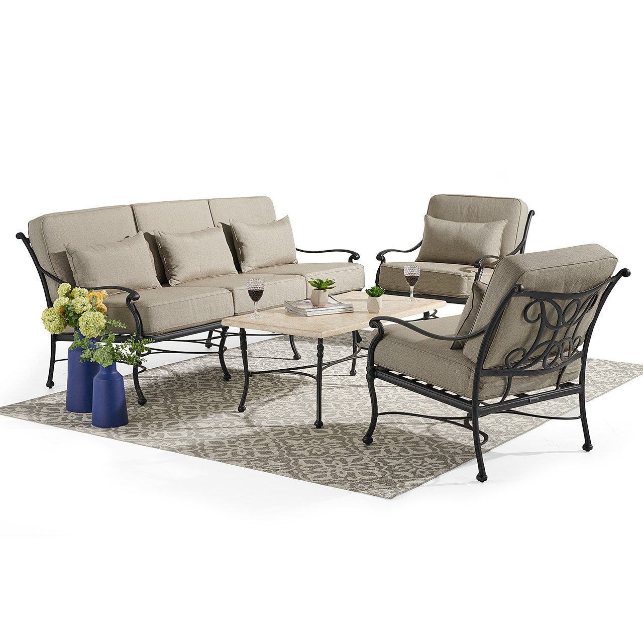 Chateau Rust Cast Aluminum and Cushion 4 Pc. Sofa Group with 44 x 24 in. Marble Top Coffee Table