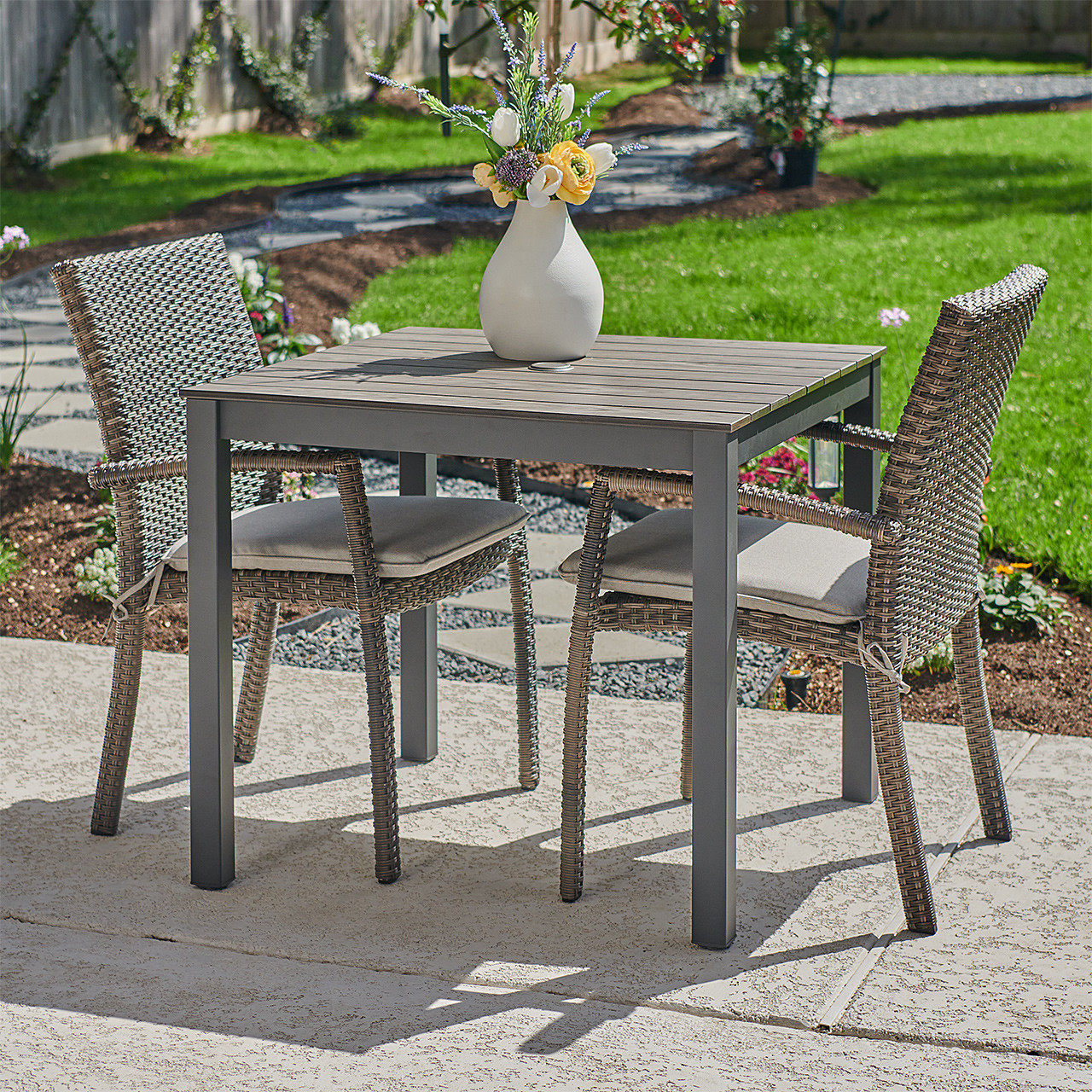 Contempo Husk Outdoor Wicker with Cushions 3 Piece Bistro Set + 33 in. Sq. Table