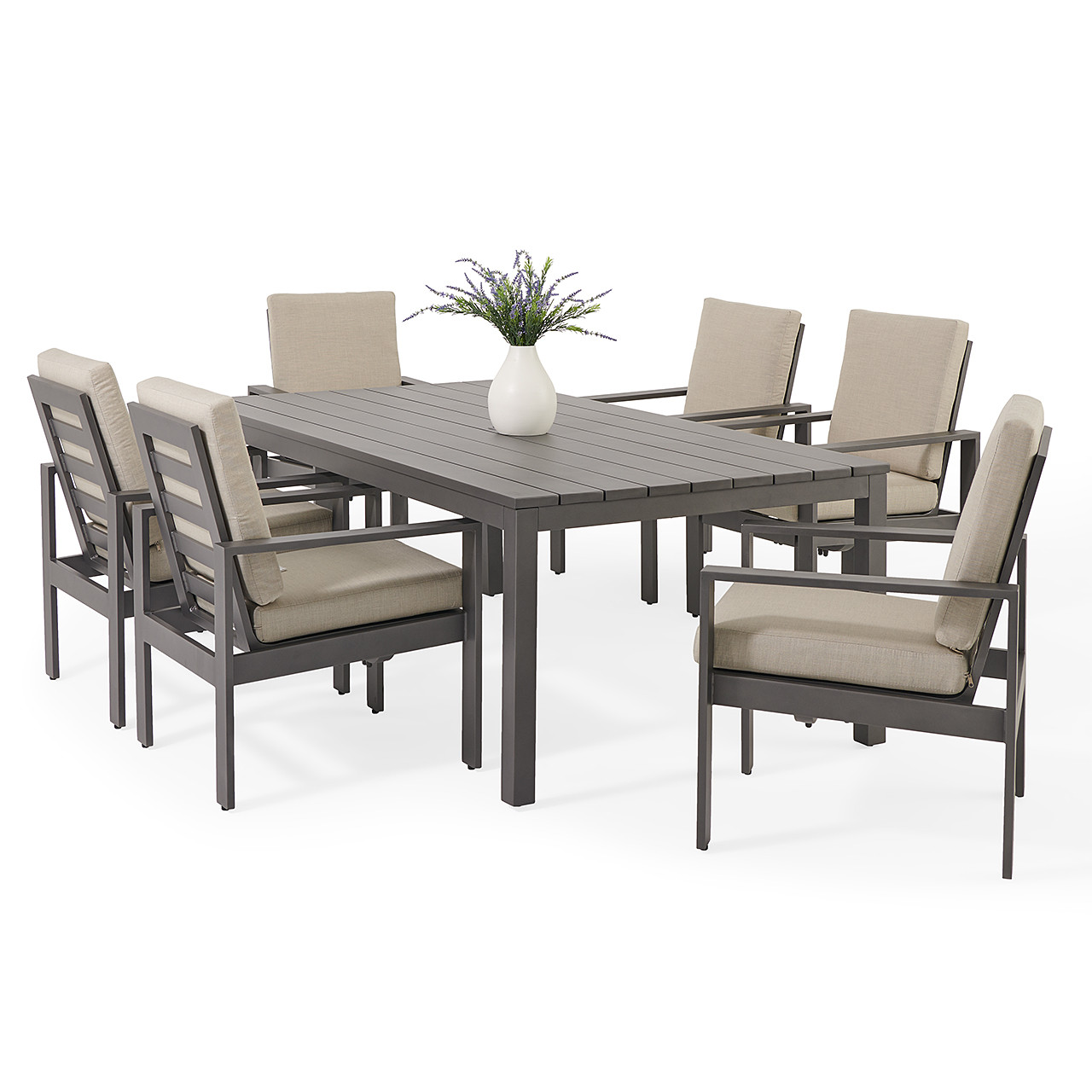 Soho Slate Grey Aluminum with Cushions 7 Piece Concealed Motion Dining Set + 84 x 44 in. Table