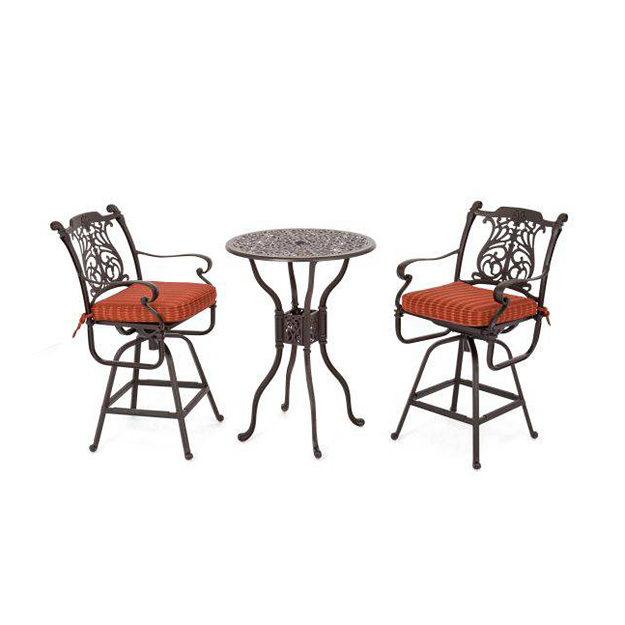 Naples Aged Bronze Cast Aluminum with Cushions 3 Piece Swivel Bar Set + 30 in. D Table