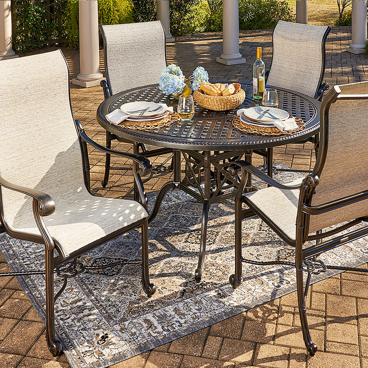 Florence Midnight Gold Cast Aluminum with Castelle Dune Sling 5 Piece Dining Set + 54 in. D Table