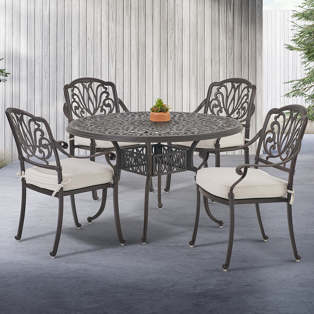 Cadiz Cast Aluminum with Cushions 5 Pc. Dining Set + 48 in. D Table