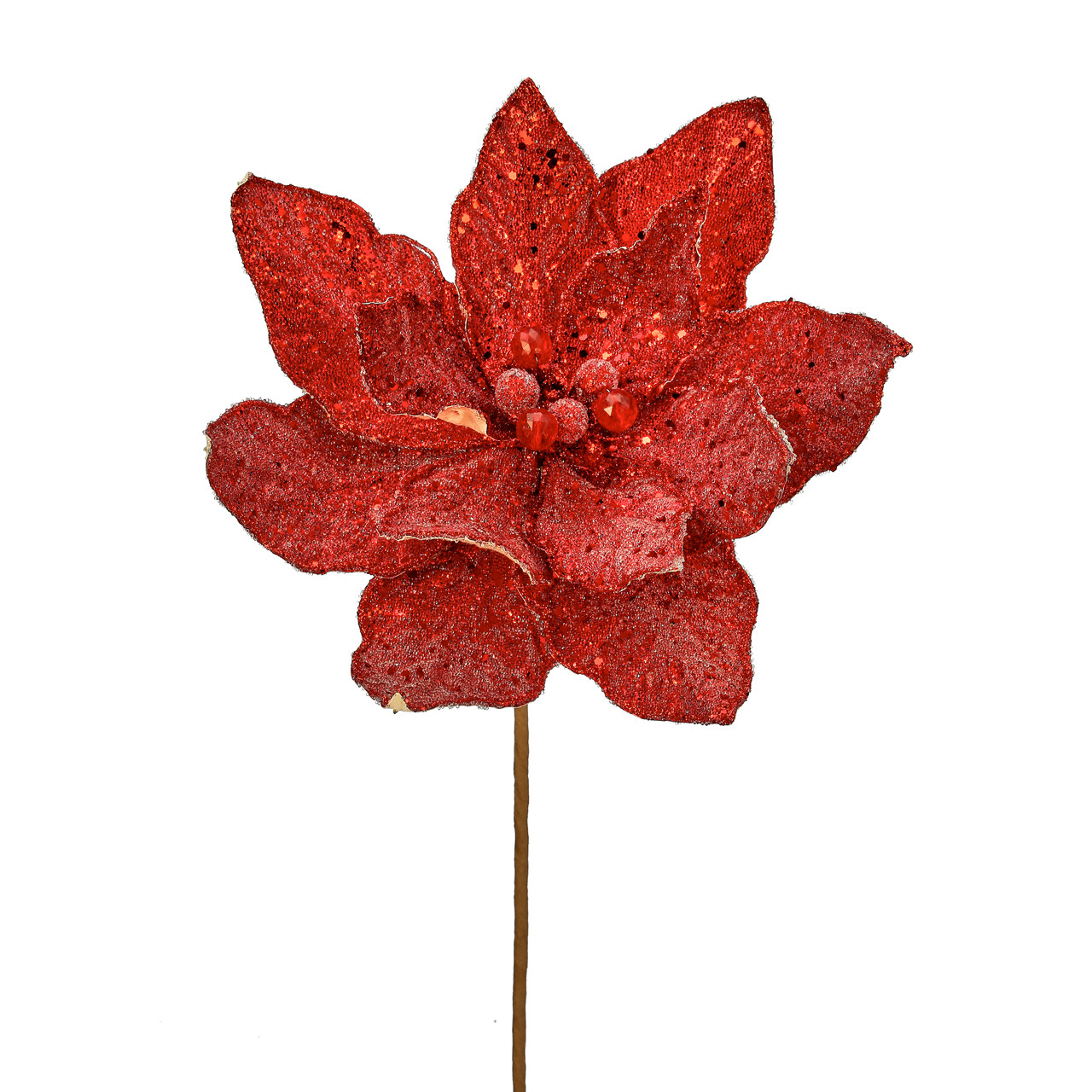 24 in. Red Micro Beaded Sequin Poinsettia Pick 