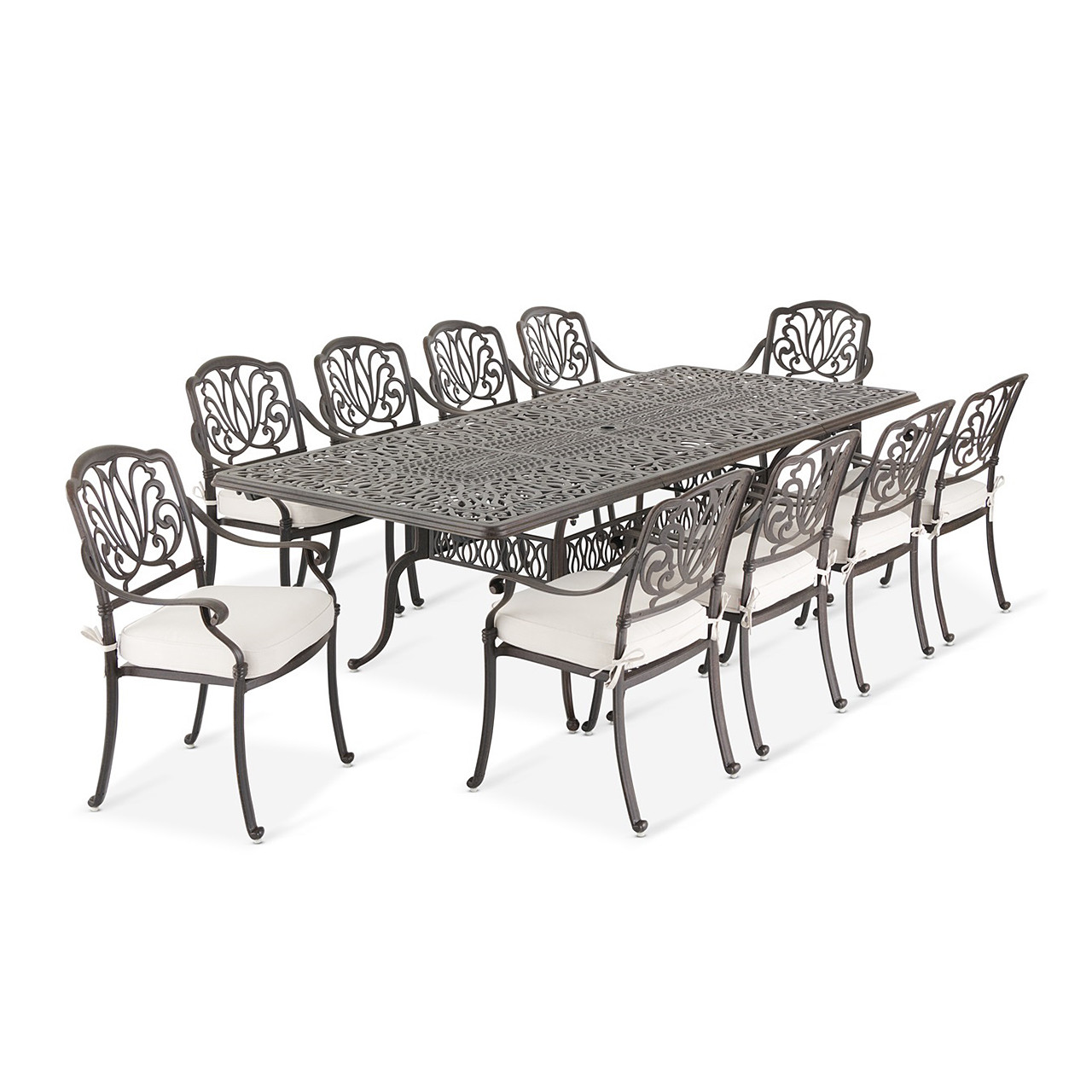 Cadiz Aged Bronze Cast Aluminum with Cushions 11 Piece Dining Set + 71-103 x 44 in. Double Extension Table
