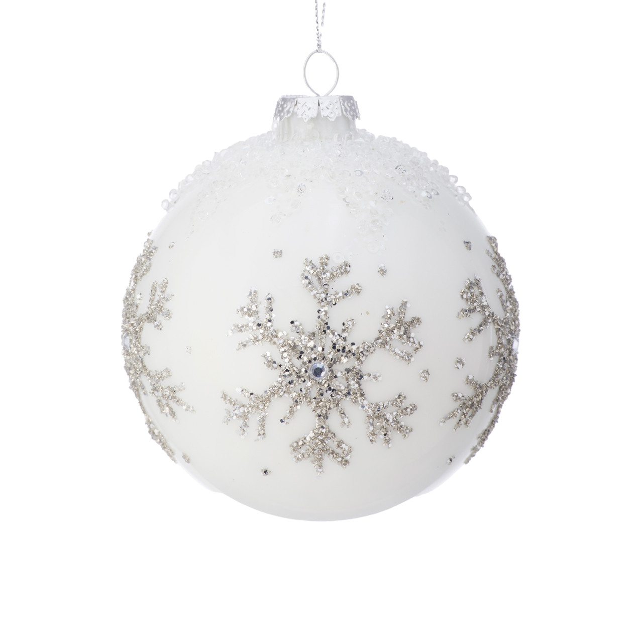 4 in. White and Silver Pearlized Snowflake Ball Ornament 