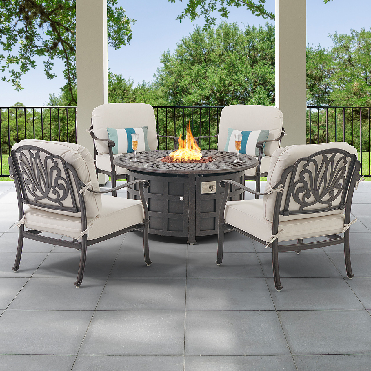 Cadiz Aged Bronze Cast Aluminum with Cushions 5 Piece Chat Group + 48 in. D LP Gas Fire Pit Table