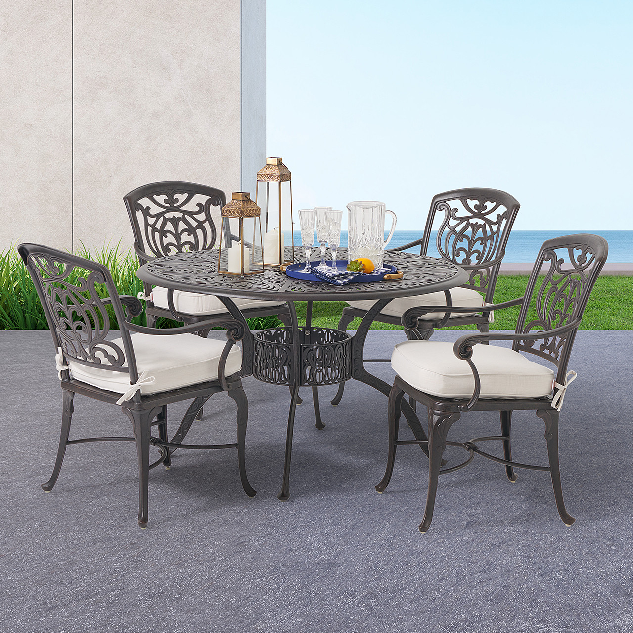 Verona Desert Bronze Cast Aluminum with Cushions 5 Piece Dining Set 48 in. D Table