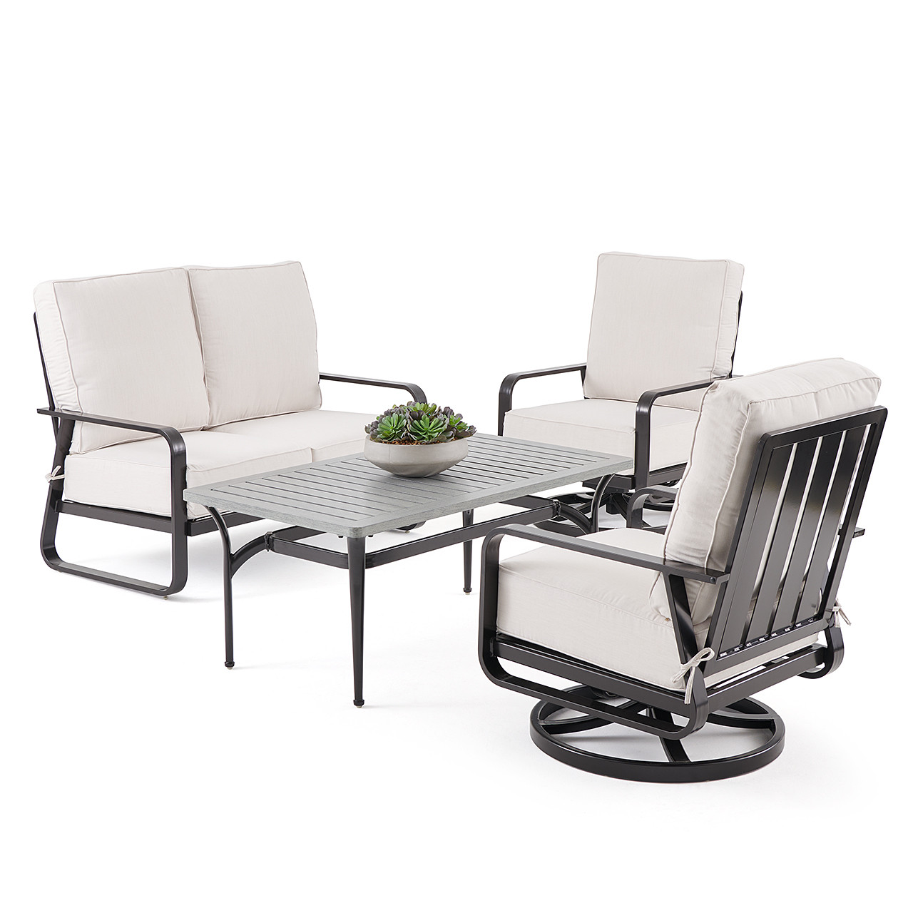 Metro Meteor Aluminum with Cushions 4 Pc. Loveseat Group + Swivel Club Chairs + 52 x 30 in. Slat Top Coffee Table
