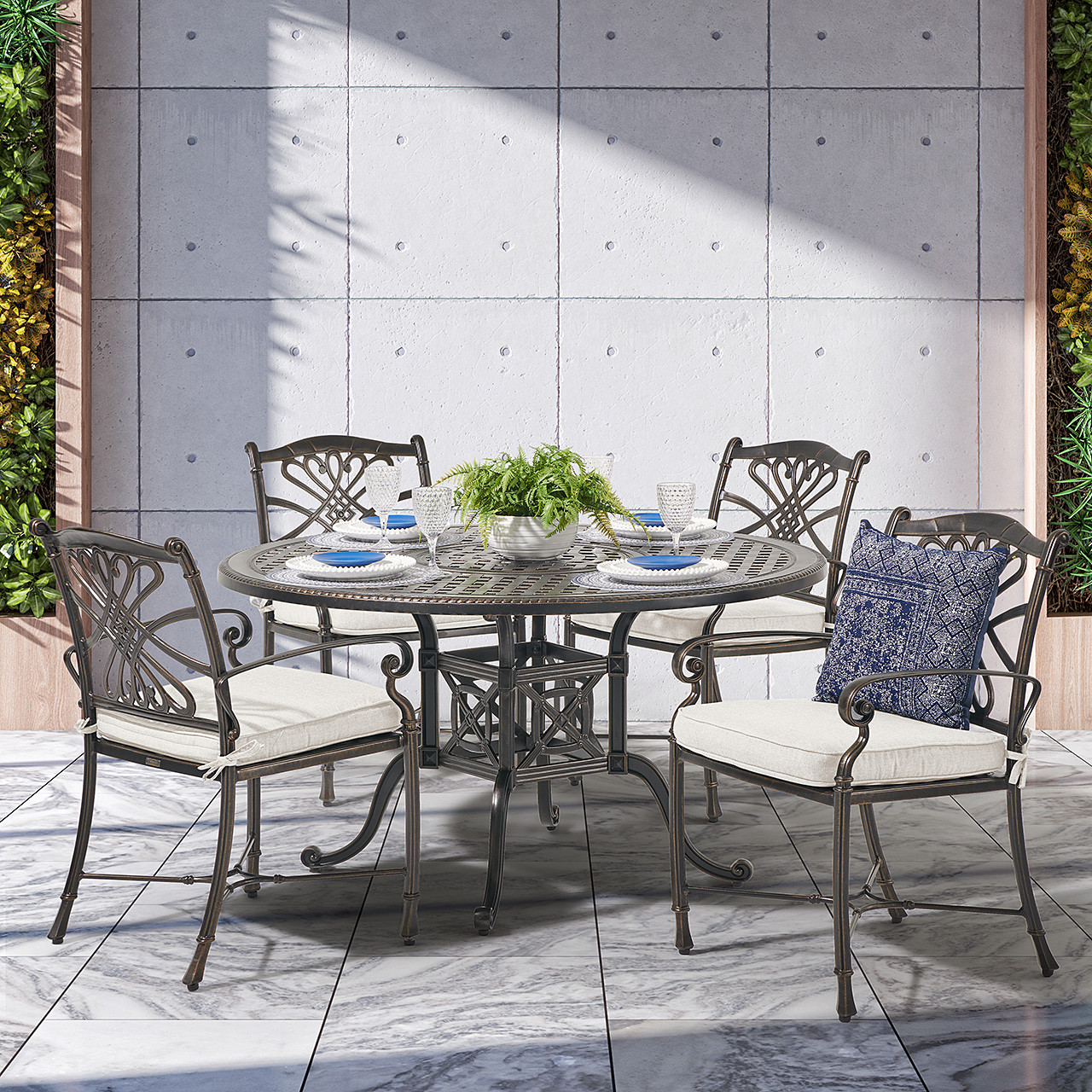 Melrose Midnight Gold Cast Aluminum with Cushions 5 Piece Dining Set + 54 in. D Table