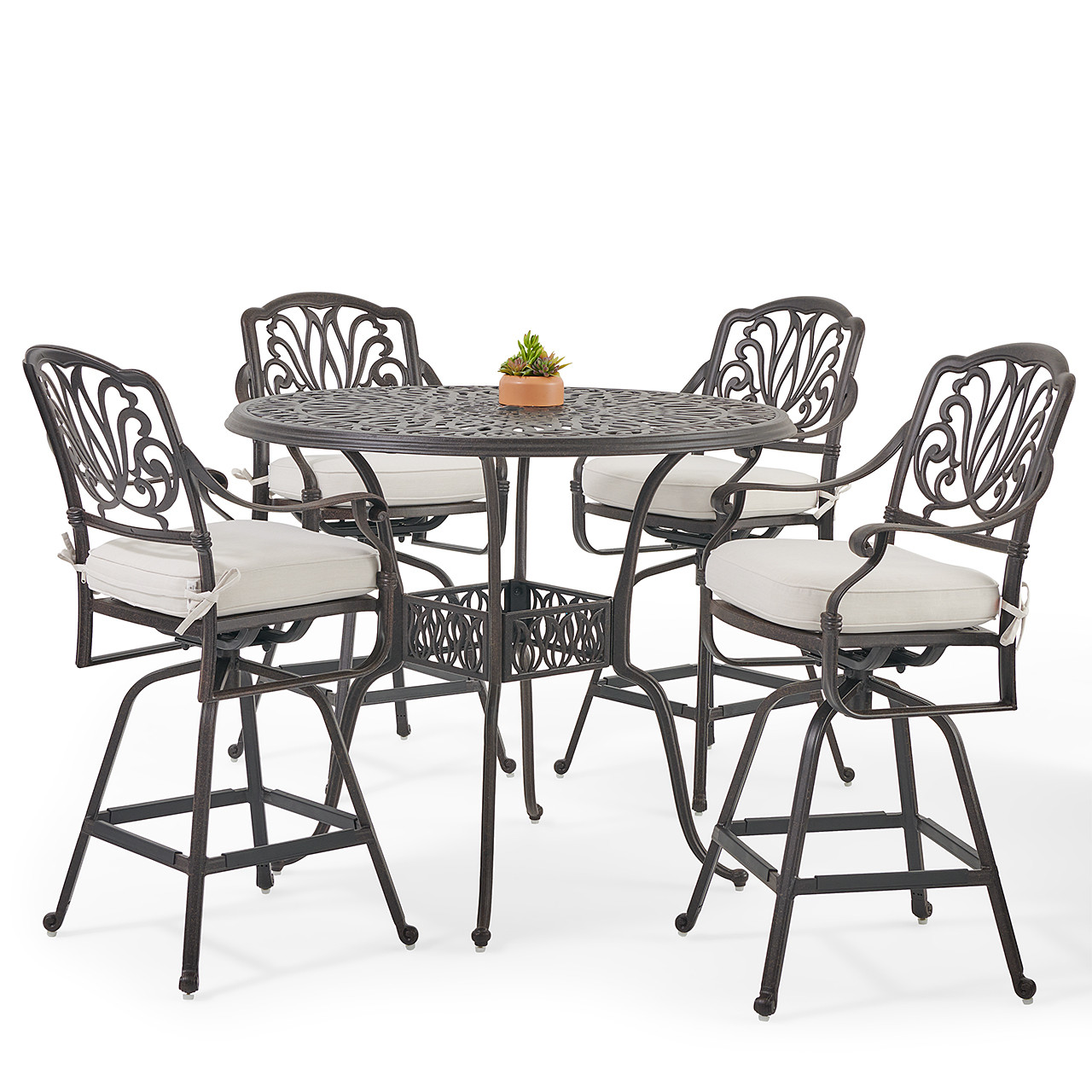 Cadiz Saddle Grey Cast Aluminum with Cushions 5 Piece Bar Set + 48 in. D Table