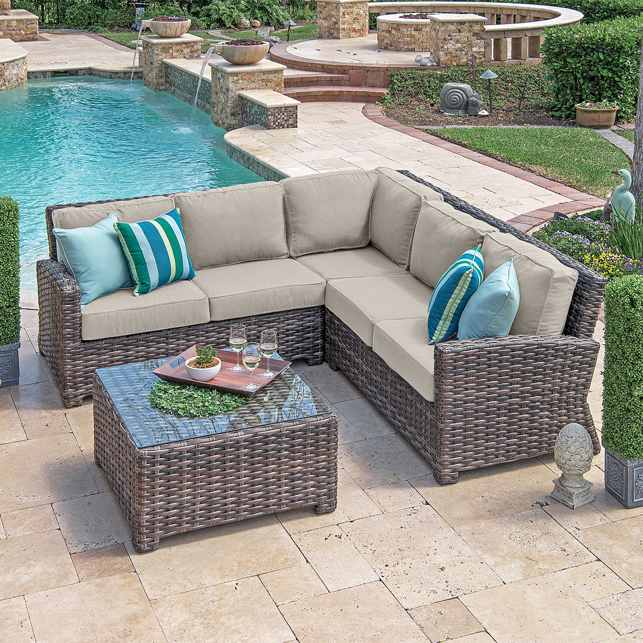 Contempo Husk Outdoor Wicker with Cushions 4 Piece Sectional Group + 32 in. Sq. Coffee Table