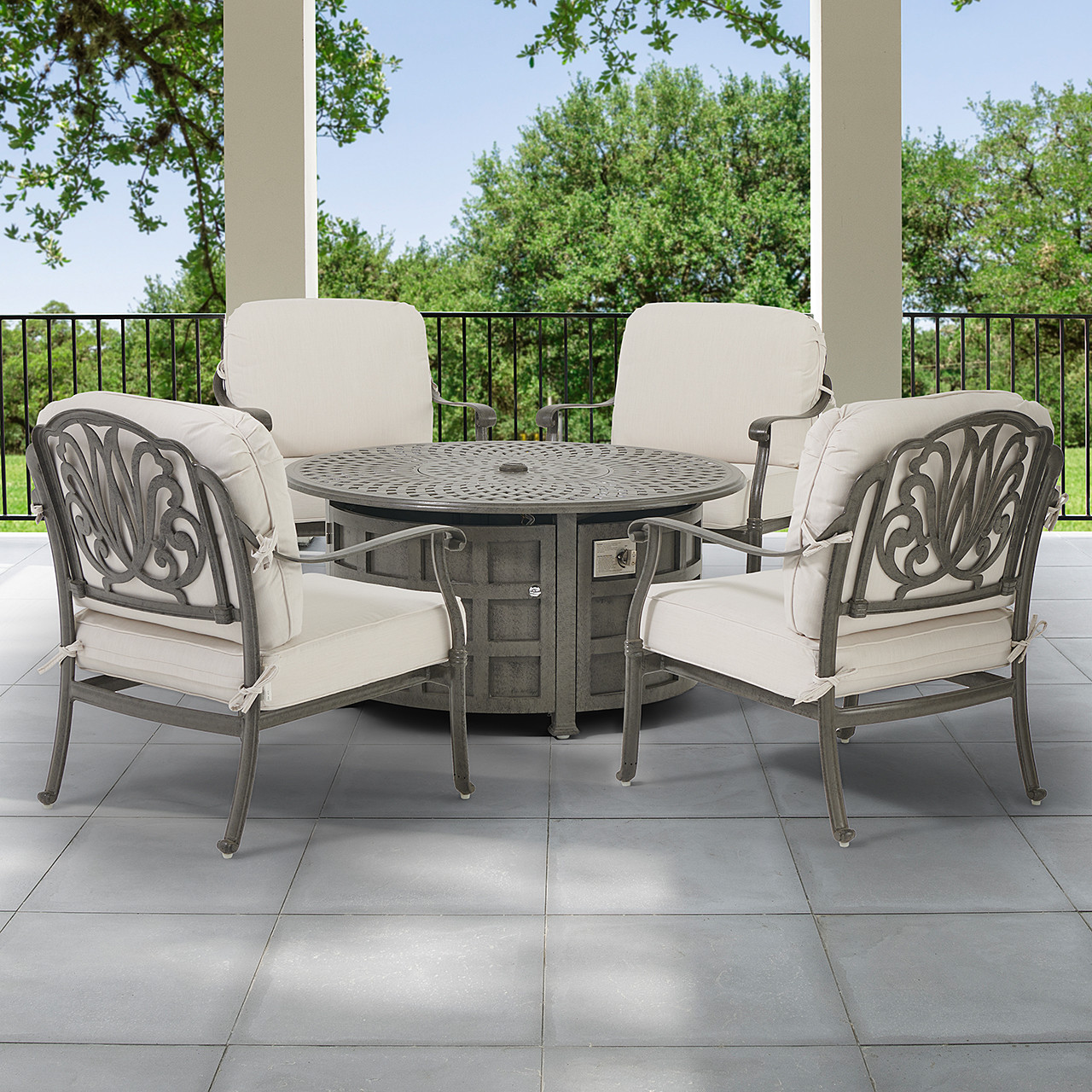 Cadiz Saddle Grey Cast Aluminum with Cushions 5 pc. Chat Group + 48 in. D LP Gas Fire Pit Table