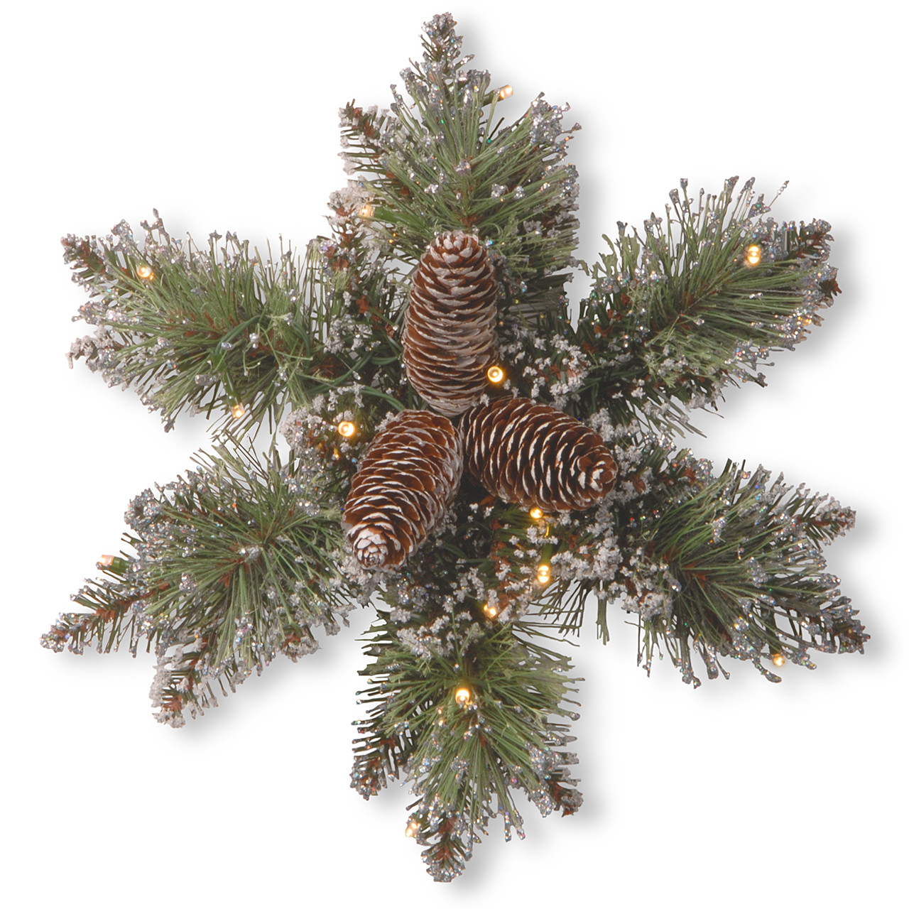 14 in. Glittery Bristle Pine Snowflake with 15 LED Lights