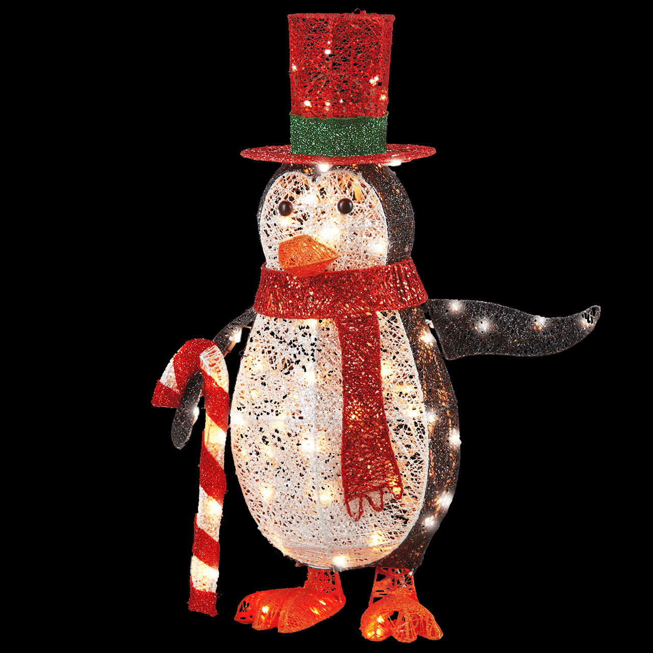 33 in. Penguin with Red Top Hat, Candy Cane, and 100 LED Lights
