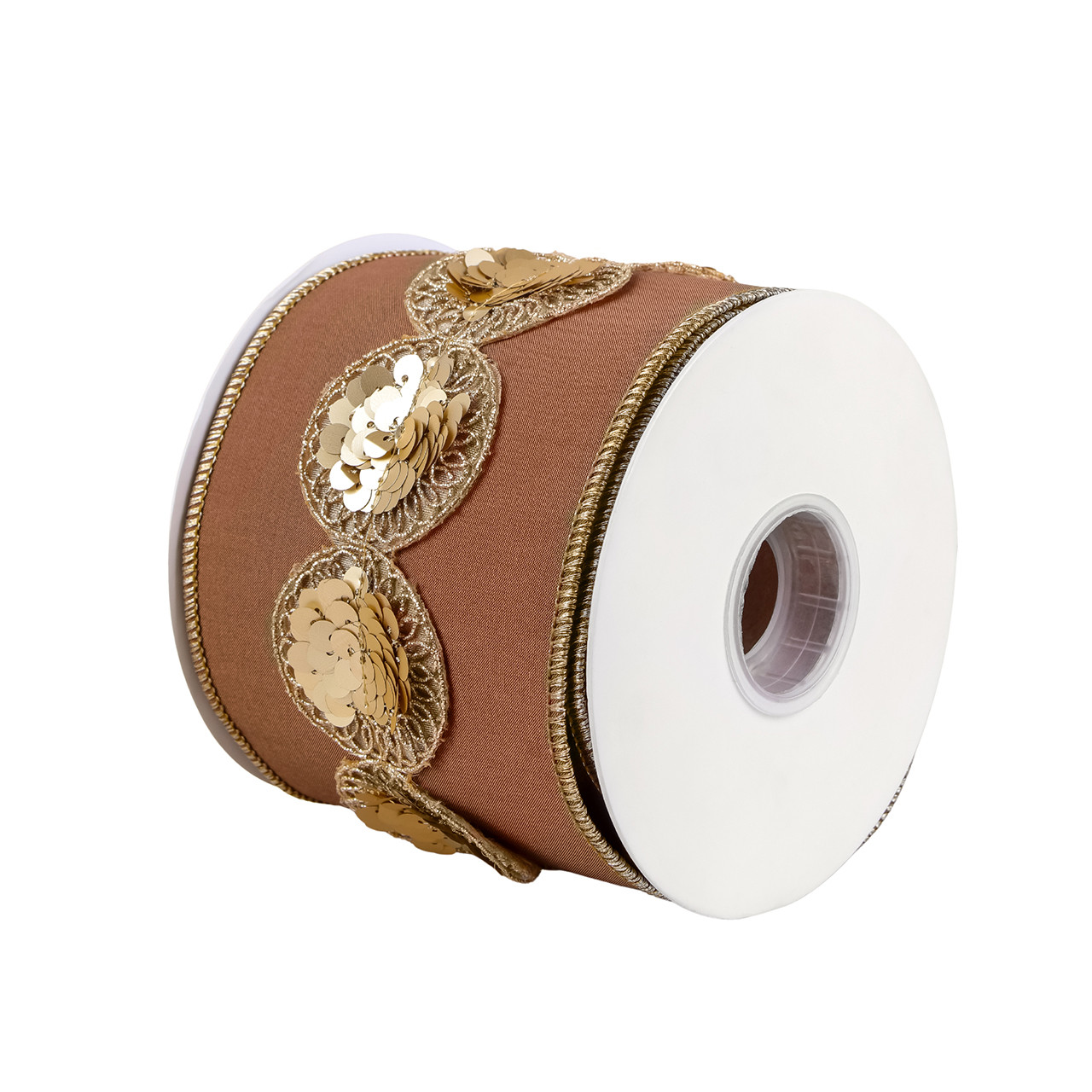 National Tree Company 4 in. x 15 yds. Round Sequin Beaded Trim Taffeta Double Fused Ribbon, Brown