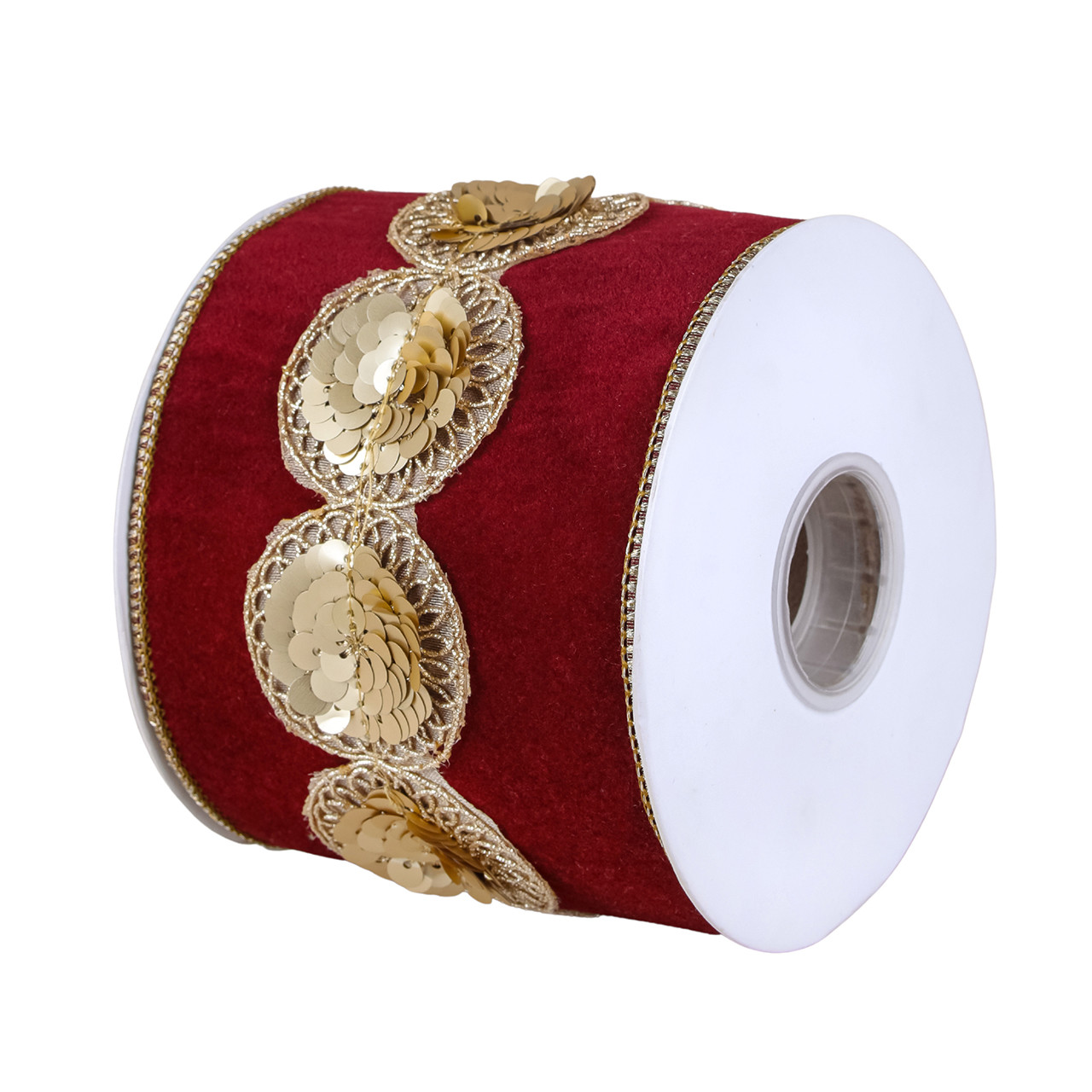 National Tree Company 4 in. x 15 yds. Sequin Trim Velour Velvet Ribbon,  Burgundy - Fortunoff Backyard Store