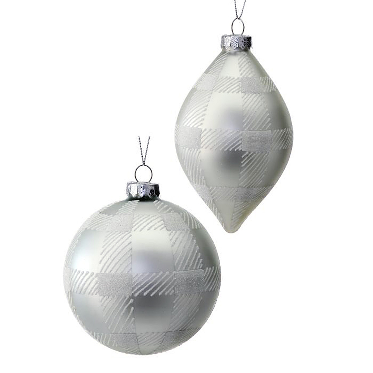 In-Store Only - 4.5 in. Silver Glass Check Ball and Finial Ornaments, Set of 2 