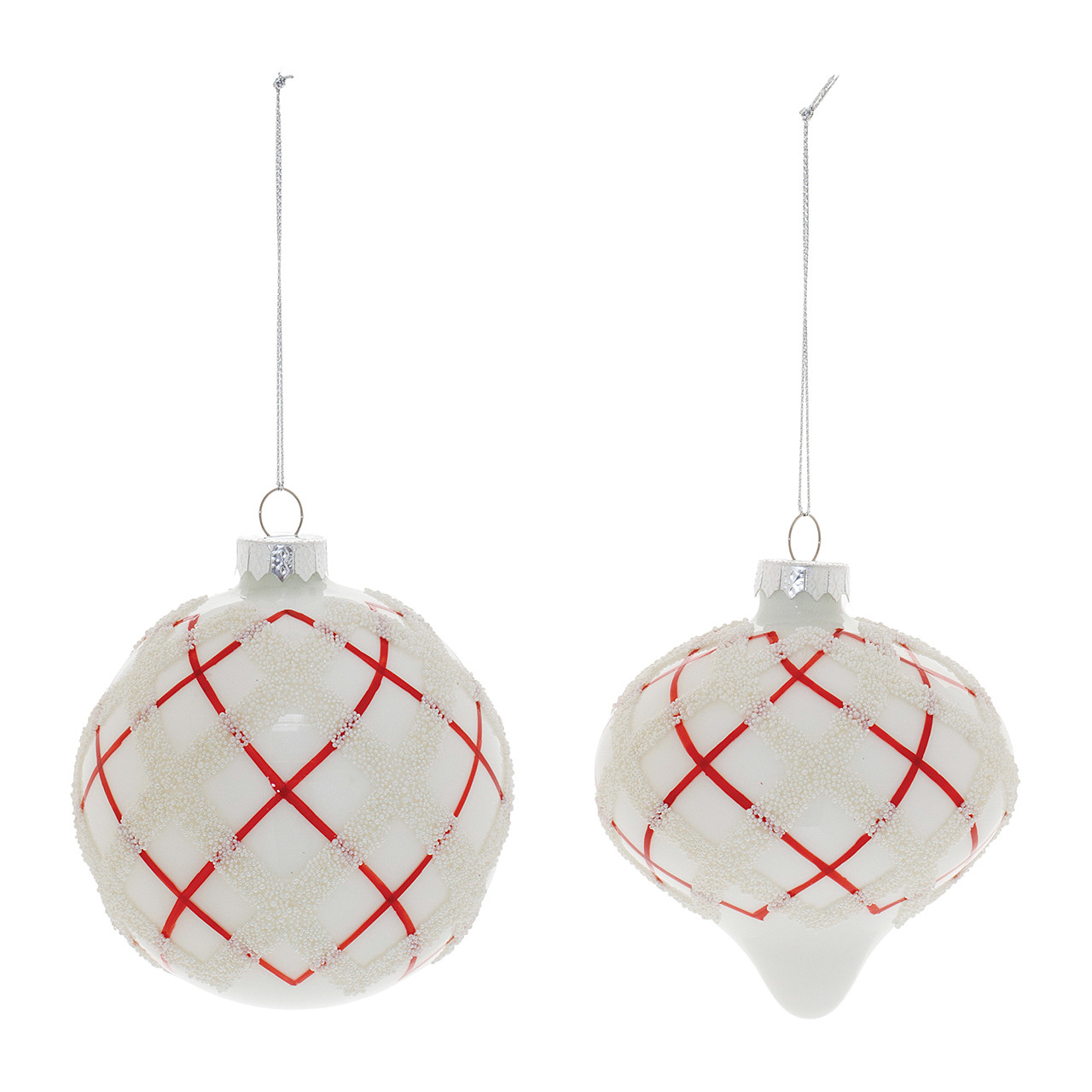 In-Store Only - Glass Red and White Criss Cross Ball Onion Ornament Individual Option