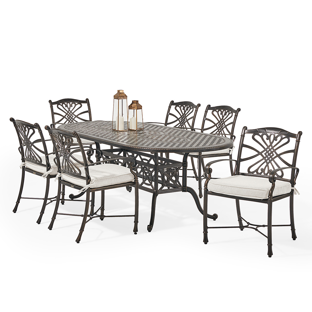 Melrose Midnight Gold Cast Aluminum with Cushions 7 Piece Dining Set + 86 x 42 in. Table