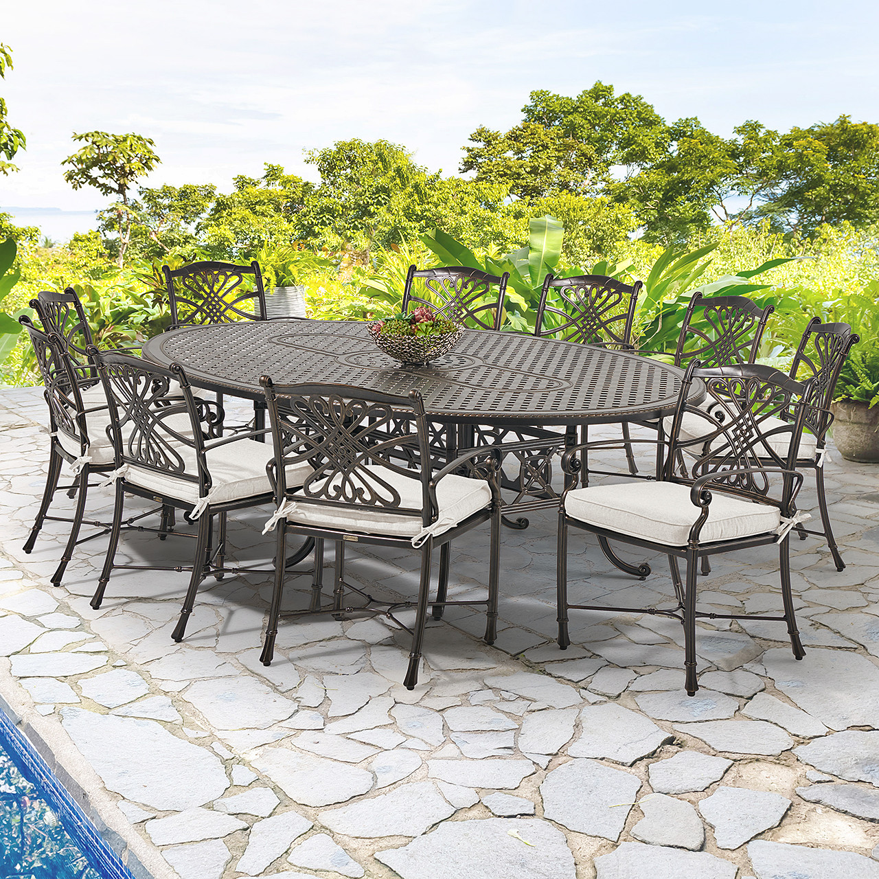 Melrose Midnight Gold Cast Aluminum with Cushions 11 Piece Dining Set + 102 x 72 in. Table Melrose Midnight Gold Cast Aluminum with Cushions 11 Piece Dining Set + 102 x 72 in. Table