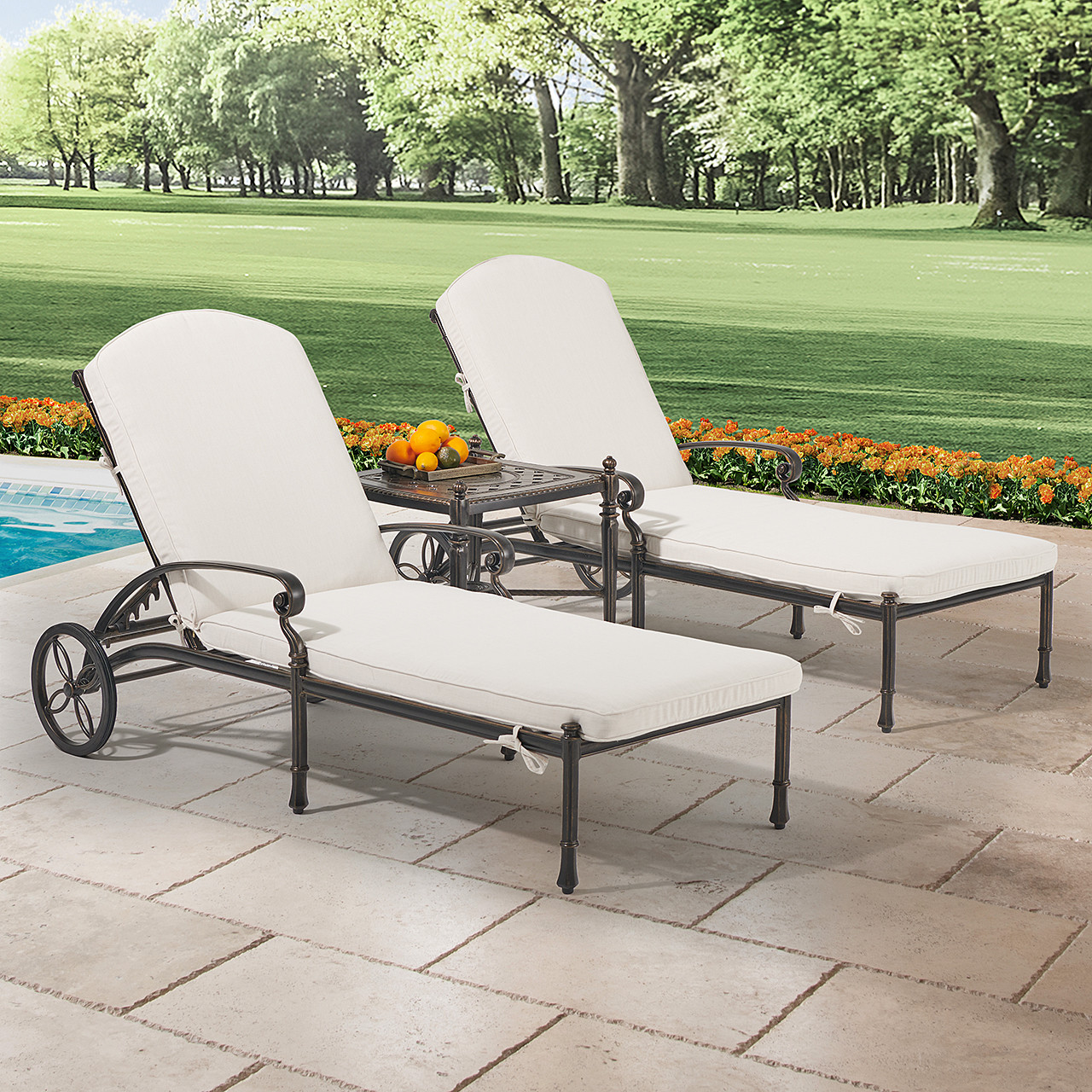 Melrose Midnight Gold Cast Aluminum with Cushions 3 Piece Chaise Lounge Set + 21 in. Sq. Side Table
