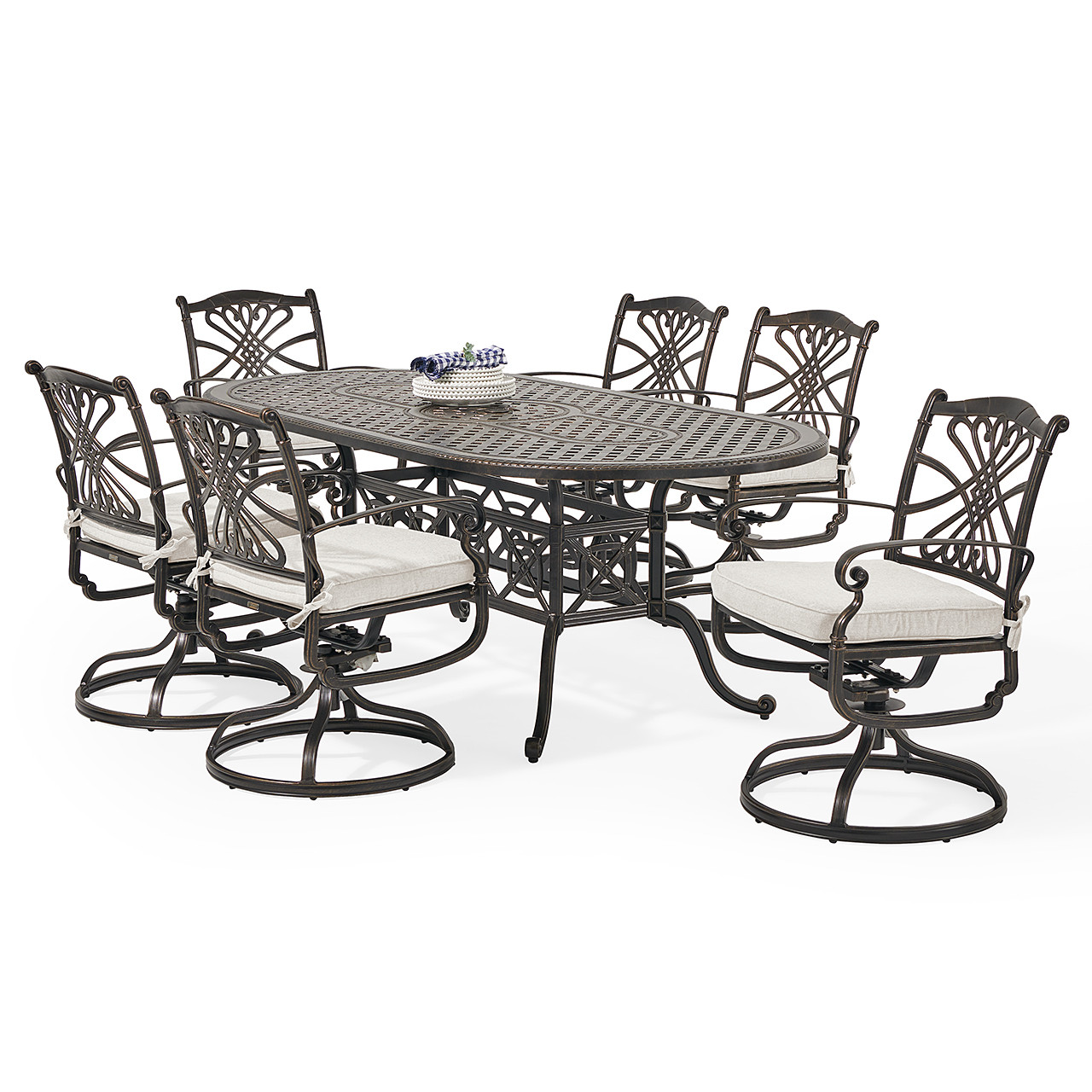 Melrose Midnight Gold Cast Aluminum with Cushions 7 Piece Swivel Dining Set + 86 x 42 in. Table
