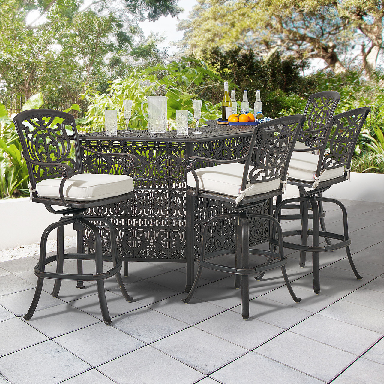 Verona Desert Bronze Cast Aluminum with Cushions 5 Piece Party Set + 82 in.  Party Bar