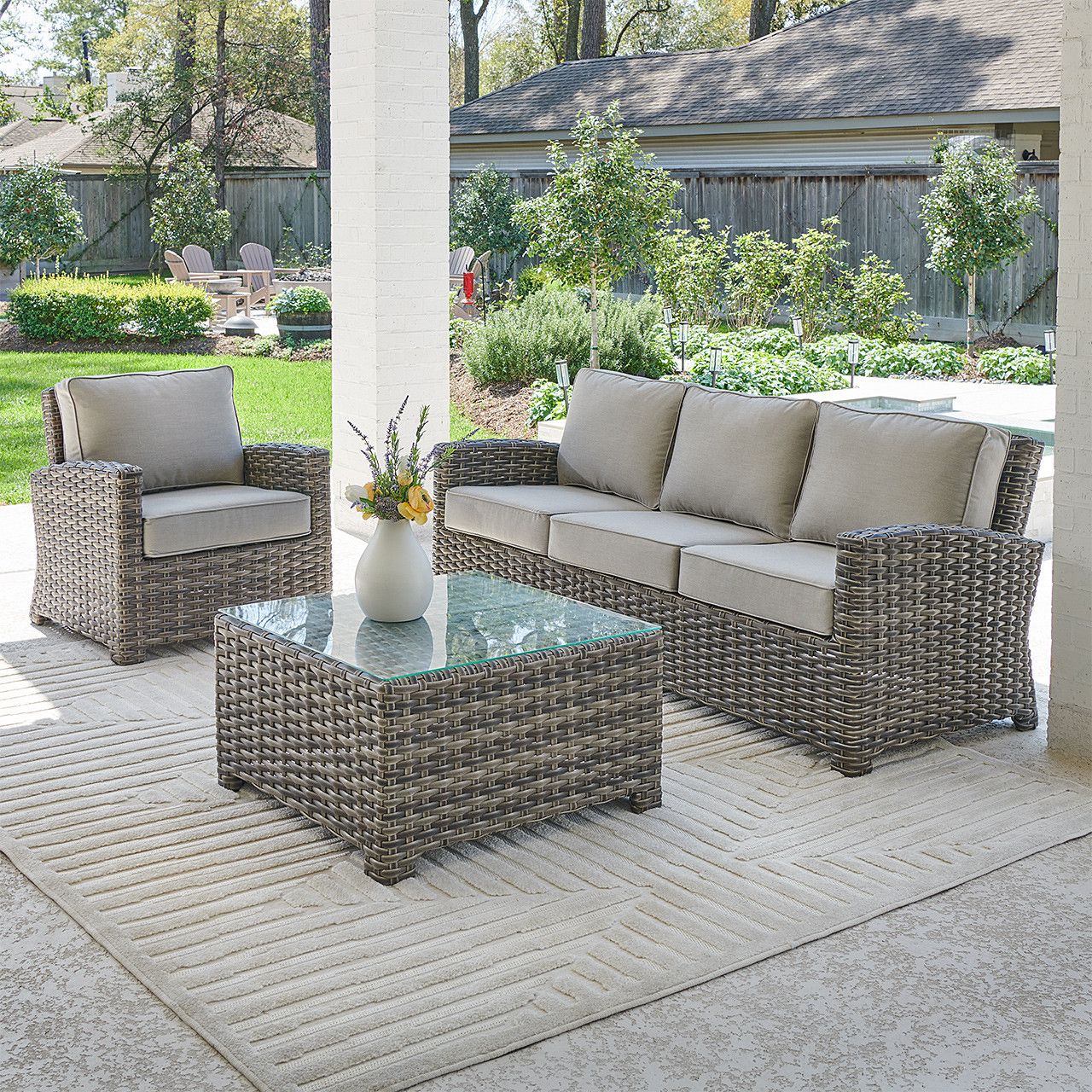 Contempo Husk Outdoor Wicker with Cushions 3 Piece Sofa Group + 32 in. Sq. Glass Top Coffee Table