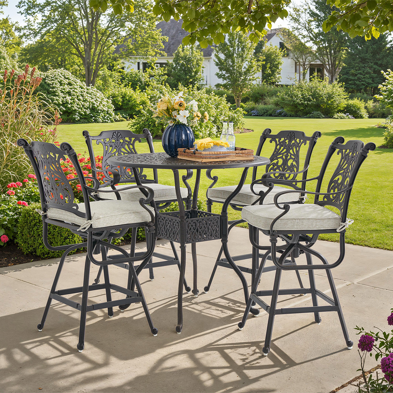 Naples Aged Bronze Cast Aluminum with Cushions 5 Piece Bar Set + 42 in. D Table