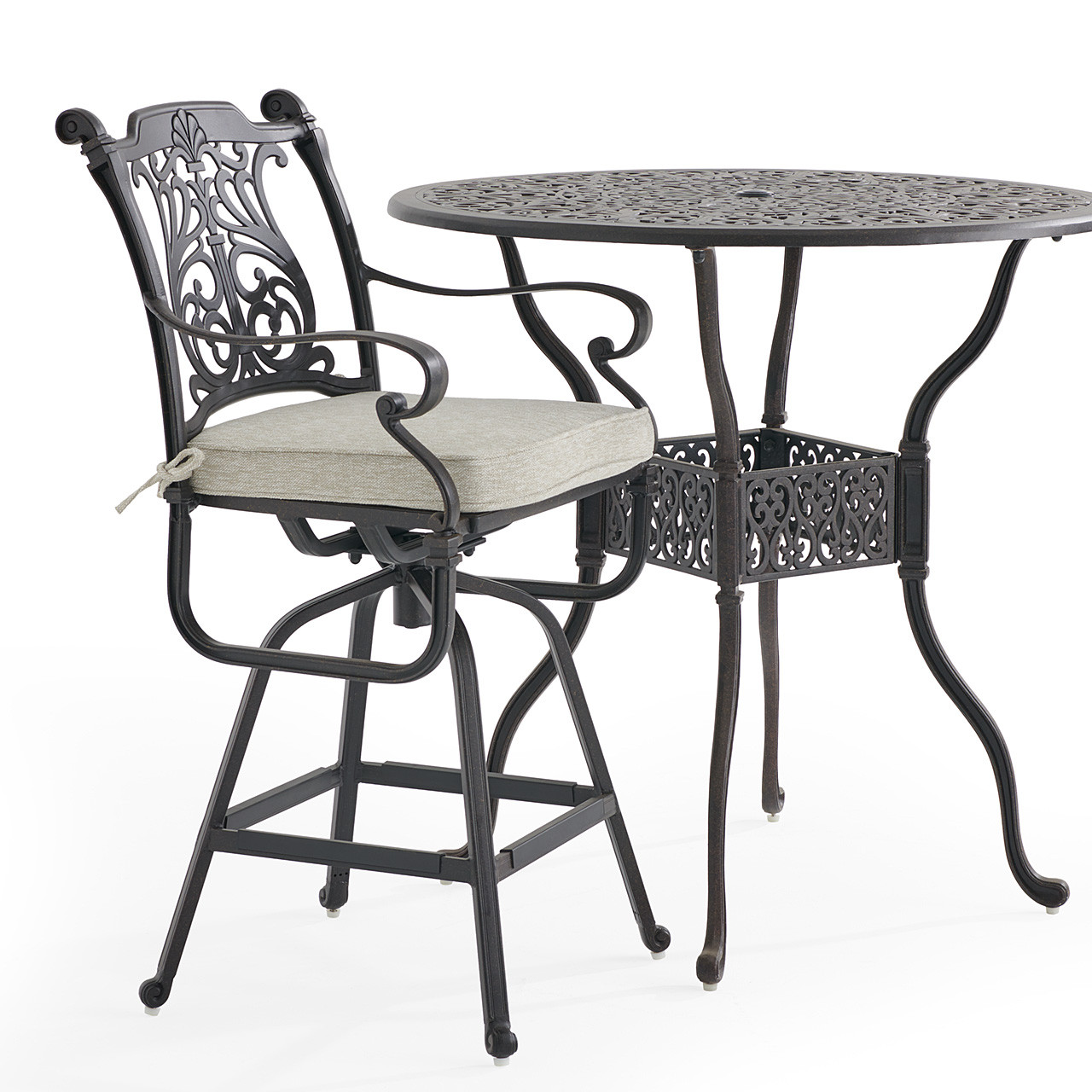Naples Aged Bronze Cast Aluminum with Cushions 5 Piece Bar Set + 42 in. D Table