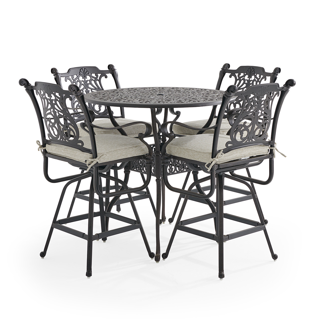 Naples Aged Bronze Cast Aluminum with Cushions 5 Piece Bar Set + 42 in. D Table