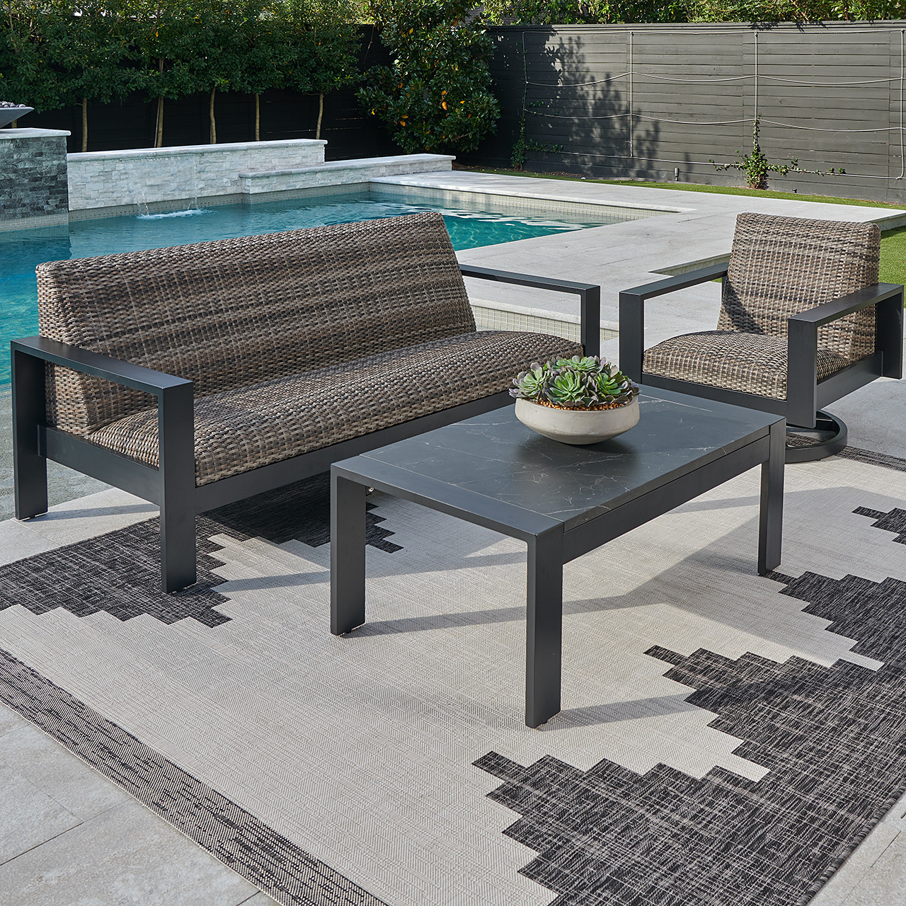 Chelsea Textured Black Aluminum and Weathered Teak Outdoor Wicker