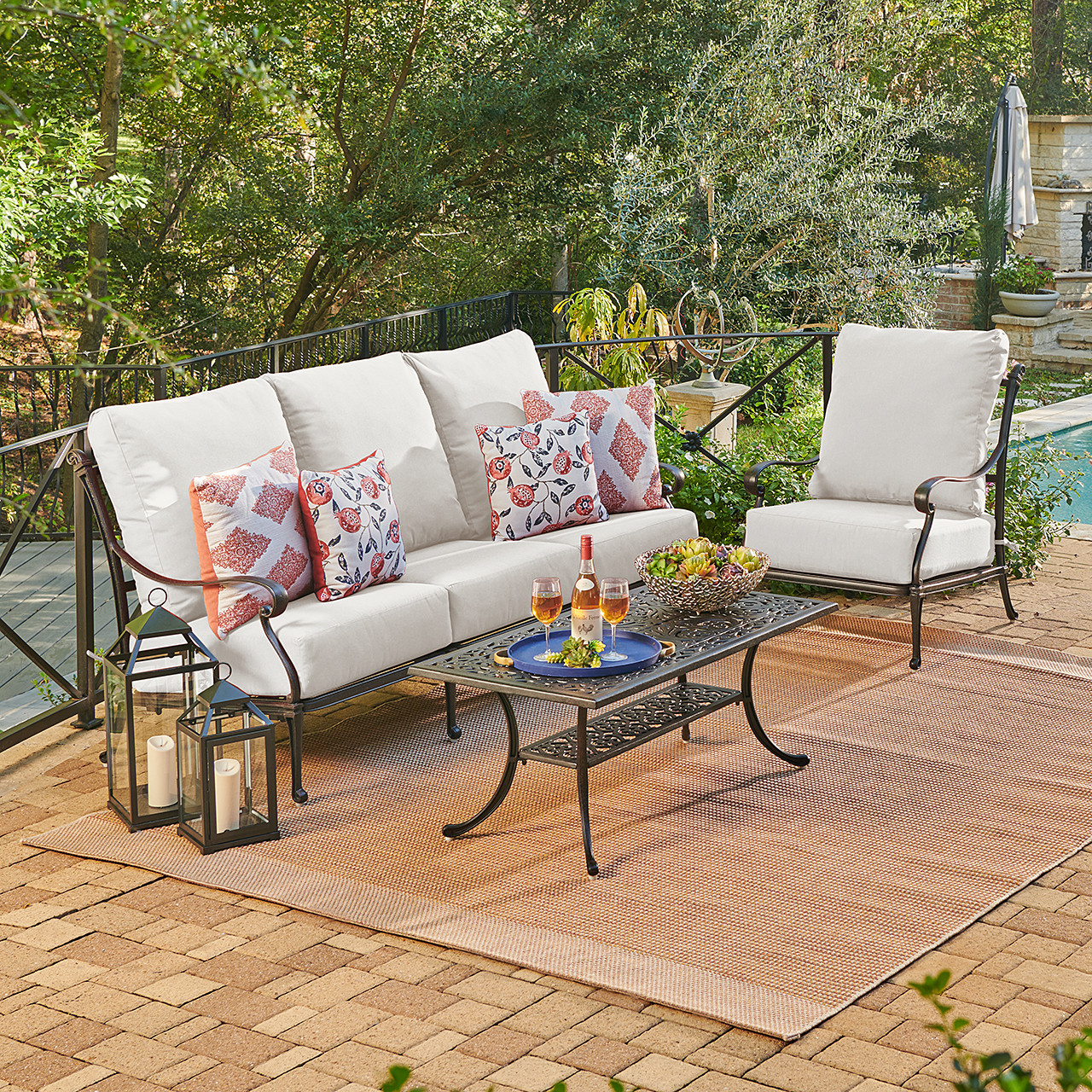 Naples Aged Bronze Cast Aluminum with Estate Cushions 3 Piece Sofa