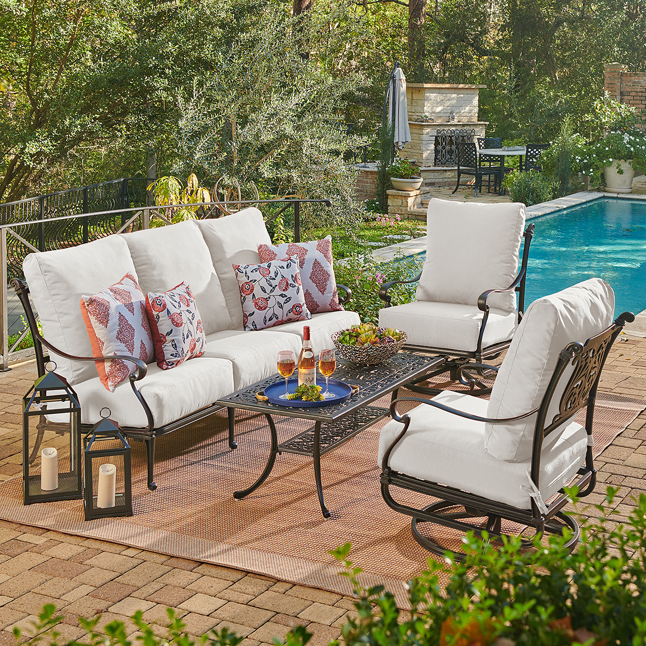 Naples Aged Bronze Cast Aluminum with Estate Cushions 4 Piece Swivel Sofa Group + 45 x 24 in. Coffee Table