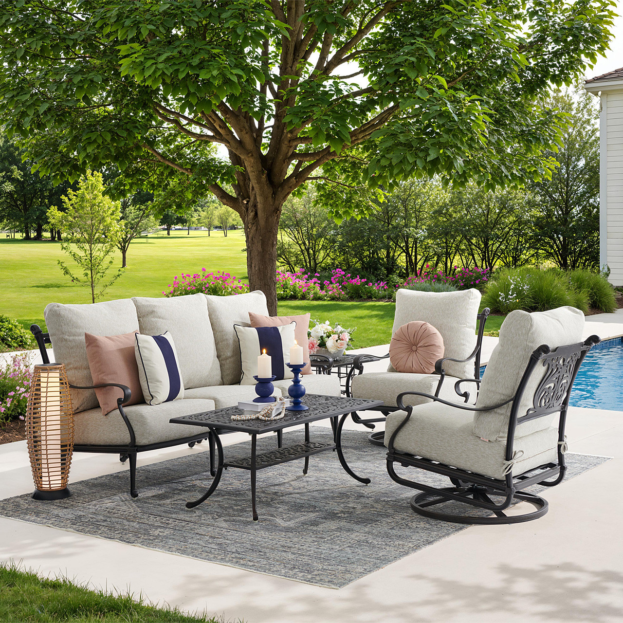 Naples Aged Bronze Cast Aluminum with Estate Cushions 4 Piece Swivel Sofa Group + 45 x 24 in. Coffee Table