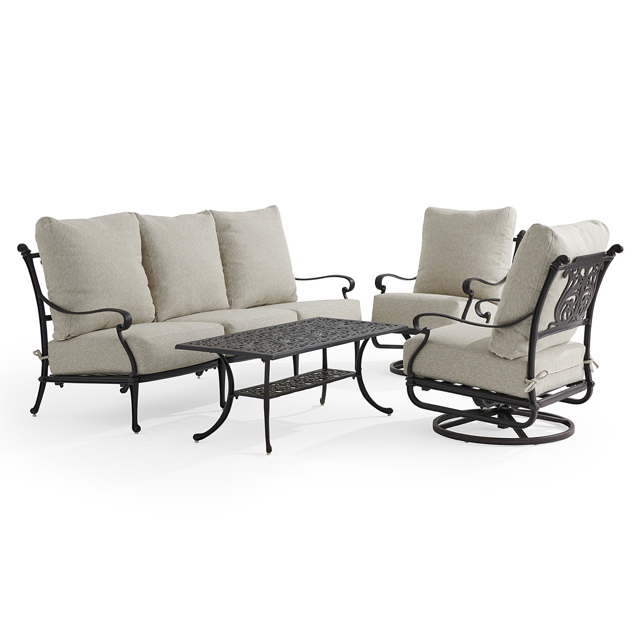 Naples Aged Bronze Cast Aluminum with Estate Cushions 4 Piece Swivel Sofa Group + 45 x 24 in. Coffee Table