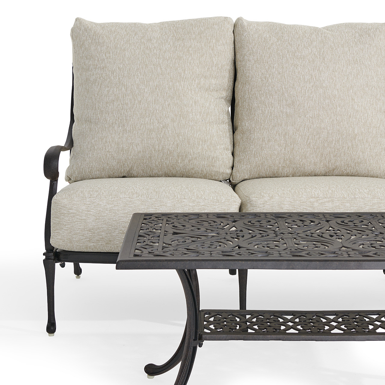 Naples Aged Bronze Cast Aluminum with Estate Cushions 4 Piece Swivel Sofa Group + 45 x 24 in. Coffee Table