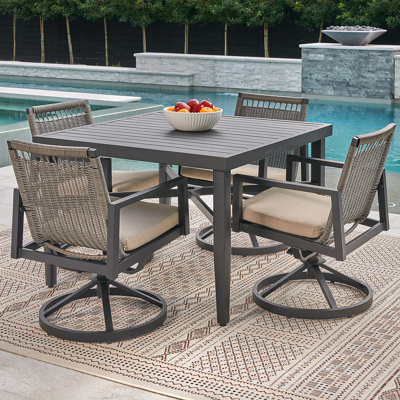 Tulum Husk Midnight Aluminum with Cushions 5 Piece Swivel Dining Set + 43 in. Sq. Dining Table