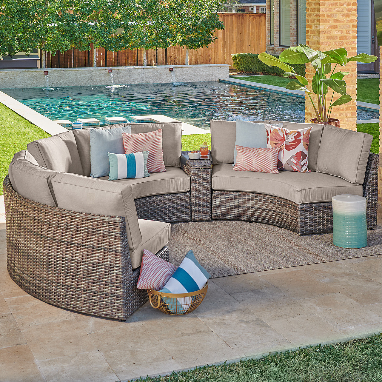 San Lucas Outdoor Wicker with Cushions 5 Piece Contour Sectional - Thumbnail 3