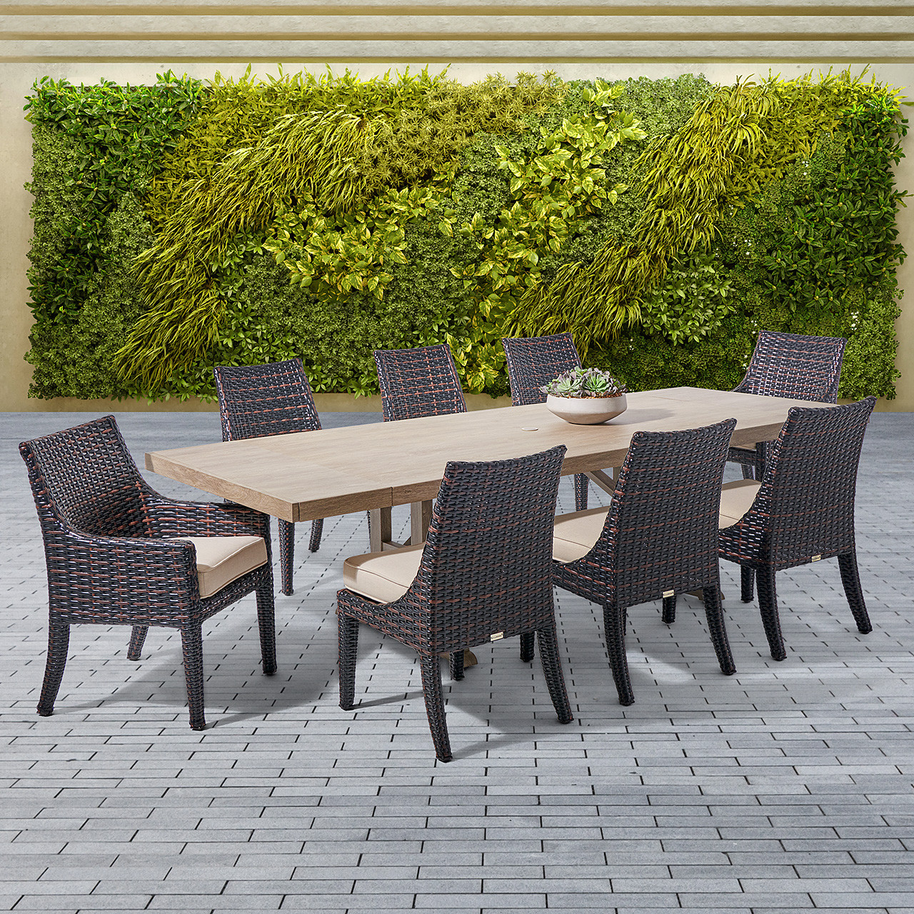 Tangiers Outdoor Wicker with Cushions 9 Piece Combo Dining Set + 84-112 x 44 in. Extension Table